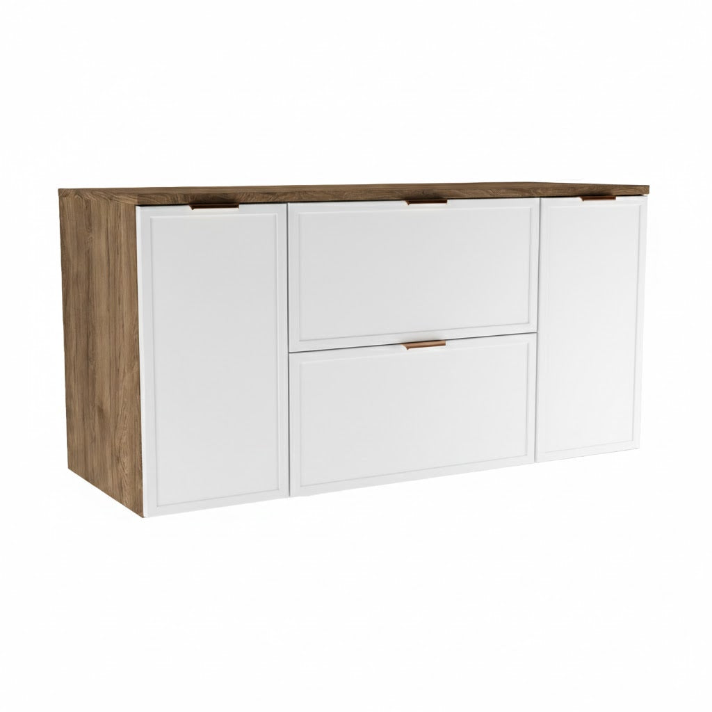 Waschtischunterschrank 120 cm Roma in Weiß / Walnuss Dunkel mit 2 Schubladen und 2 Seitenschränken. Elegantes Design mit Soft-Close-System.