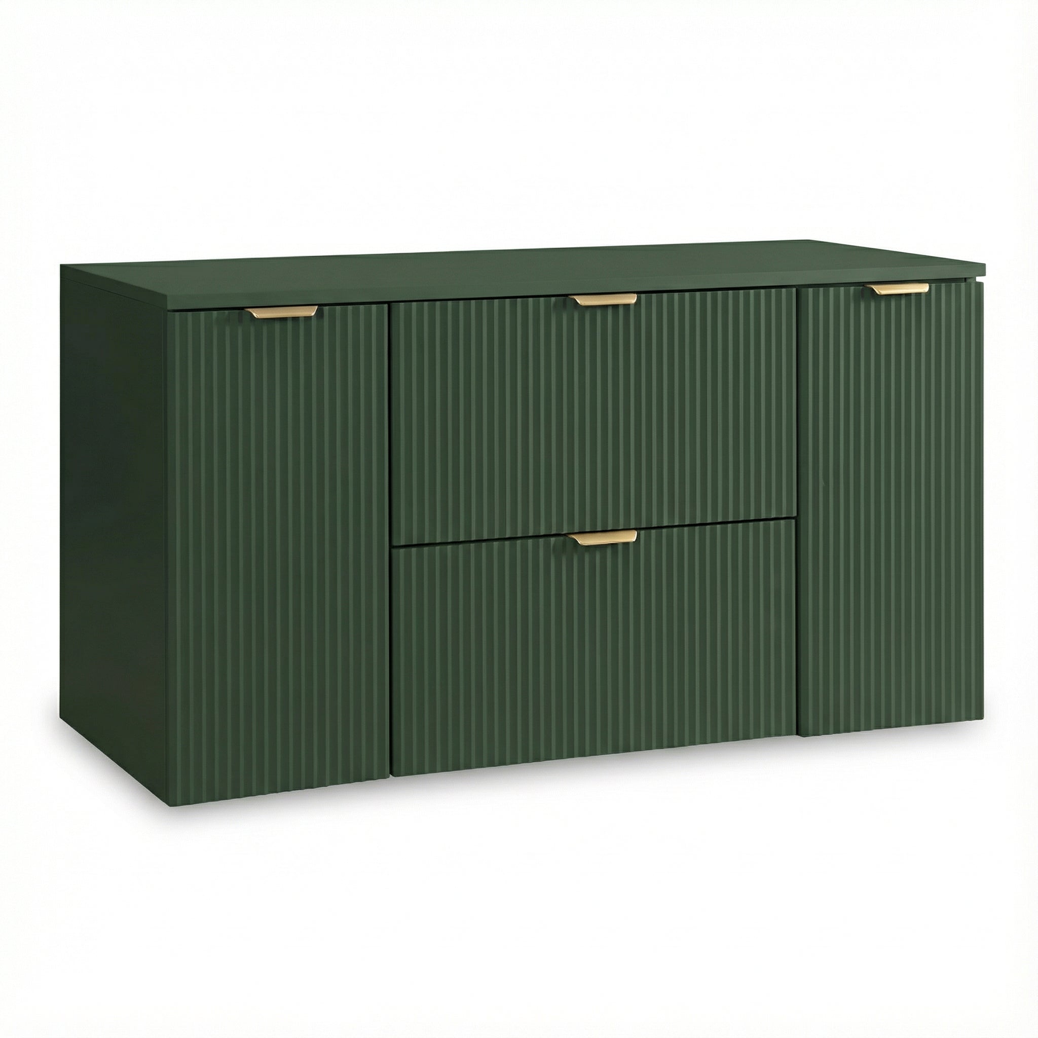 Waschtischunterschrank 120 cm Willy Salbei mit Türen und Schubladen, geriffelte Fronten, moderner Stauraum für Badezimmer, elegante und funktionale Aufbewahrung