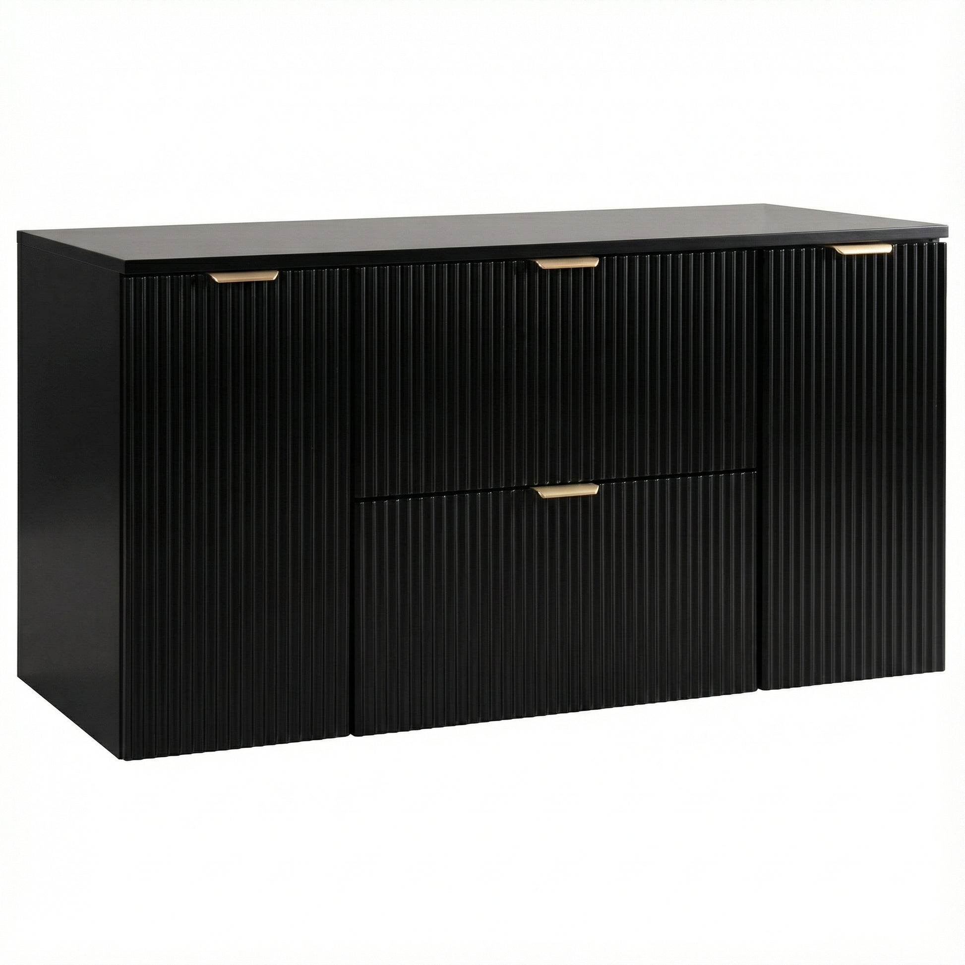 Waschtischunterschrank 120 cm Willy Schwarz mit Türen und Schubladen, geriffelte Fronten, modernes Badezimmermöbel mit viel Stauraum und praktischer Aufteilung