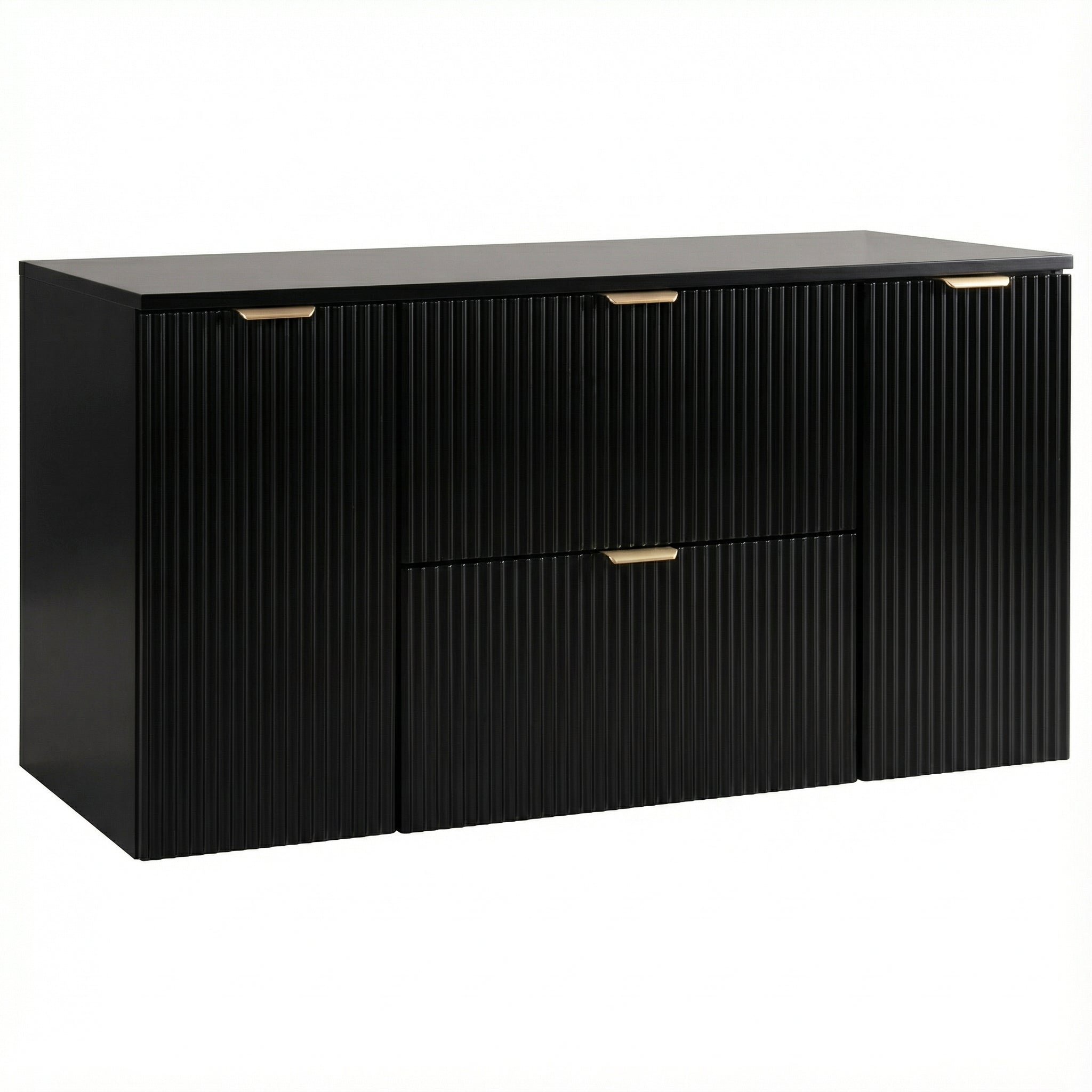 Waschtischunterschrank 120 cm Willy Schwarz mit Türen und Schubladen, geriffelte Fronten, modernes Badezimmermöbel mit viel Stauraum und praktischer Aufteilung