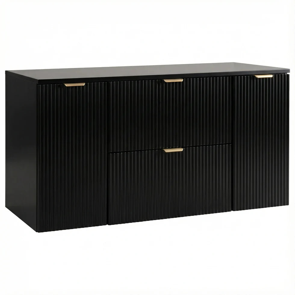 Badmöbel-Set: 120 cm Schrank und Bad Hochschrank Willy - Schwarz, Marmor Schwarz Royal-Platte