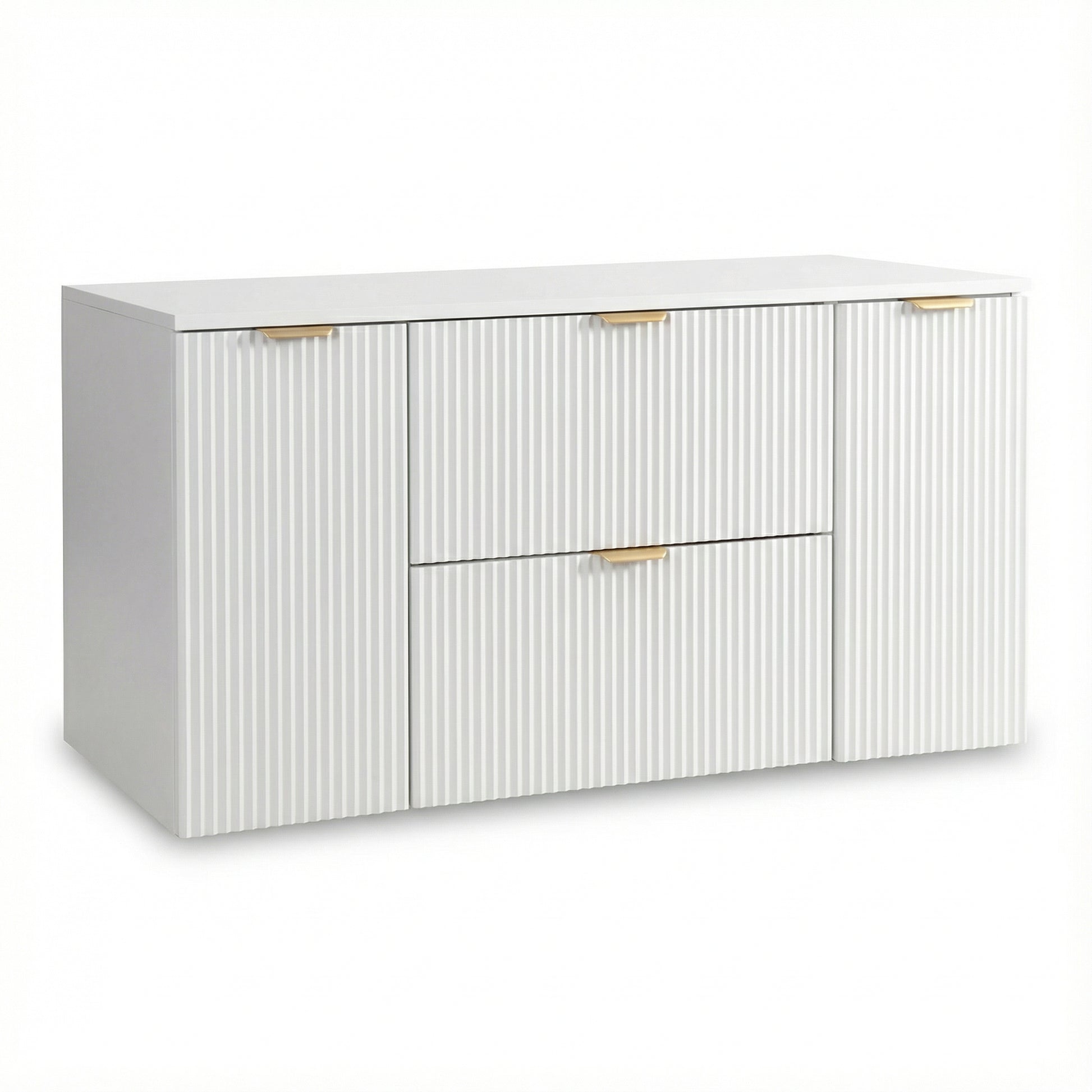 Waschtischunterschrank 120 cm Willy Weiß mit Türen und Schubladen, geriffelte Fronten, goldene Metallgriffe, modernes Badezimmermöbel mit viel Stauraum