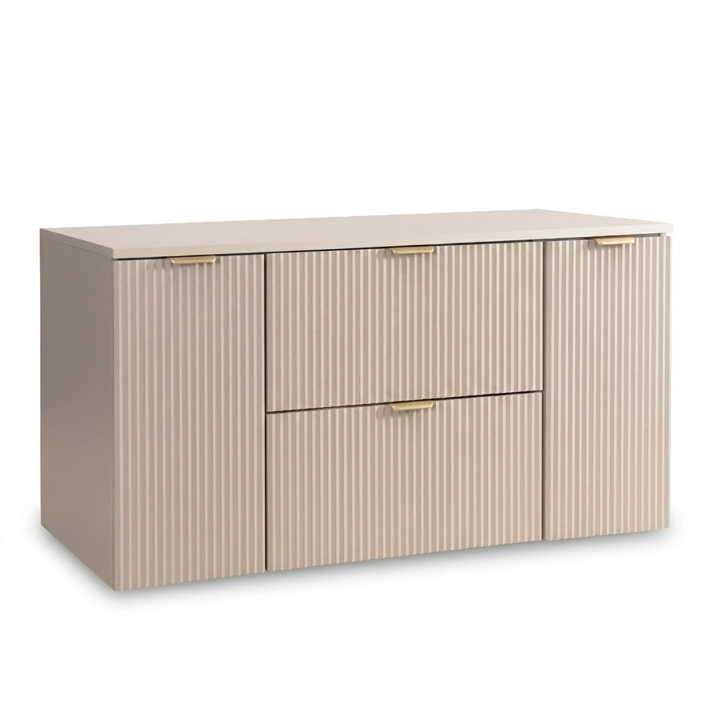 Waschtischunterschrank 120 cm Willy Kaschmir mit Türen und Schubladen, geriffelte Fronten, modernes Badezimmermöbel mit praktischem Stauraum und Siphon-ausgeschnittener oberster Schublade
