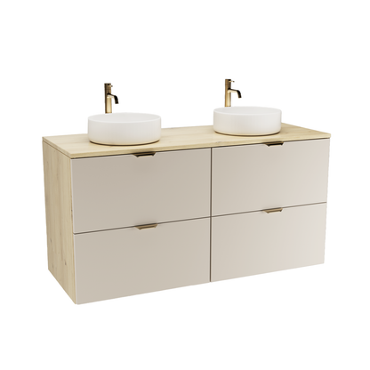 Wandhängendes Orio Badmöbel-Set 120 cm als Doppelmodul mit zwei 60-cm-Unterschränken (je 2 Schubladen), zwei Waschbecken und zwei passenden Armaturen.