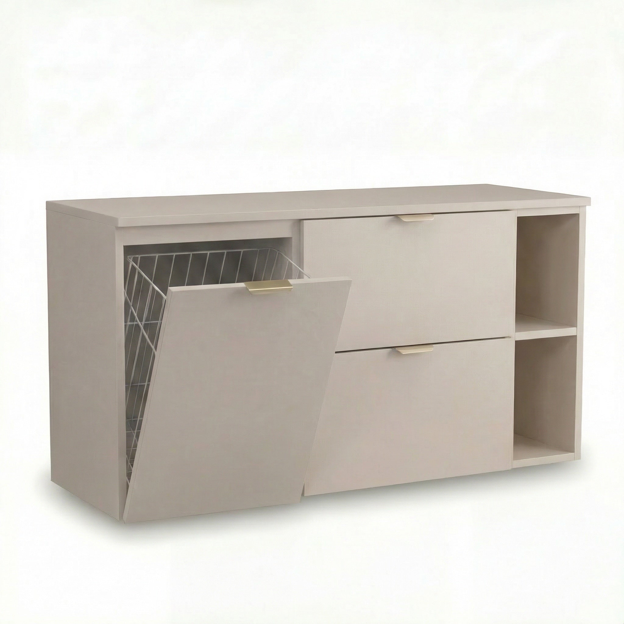 Badmöbel-Set Orio in Kaschmir, wandhängend, bestehend aus 40-cm-Wäschekorb, 20-cm-Regal und 60-cm-Unterschrank mit zwei Schubladen, modernes und funktionales Design für Badezimmer.