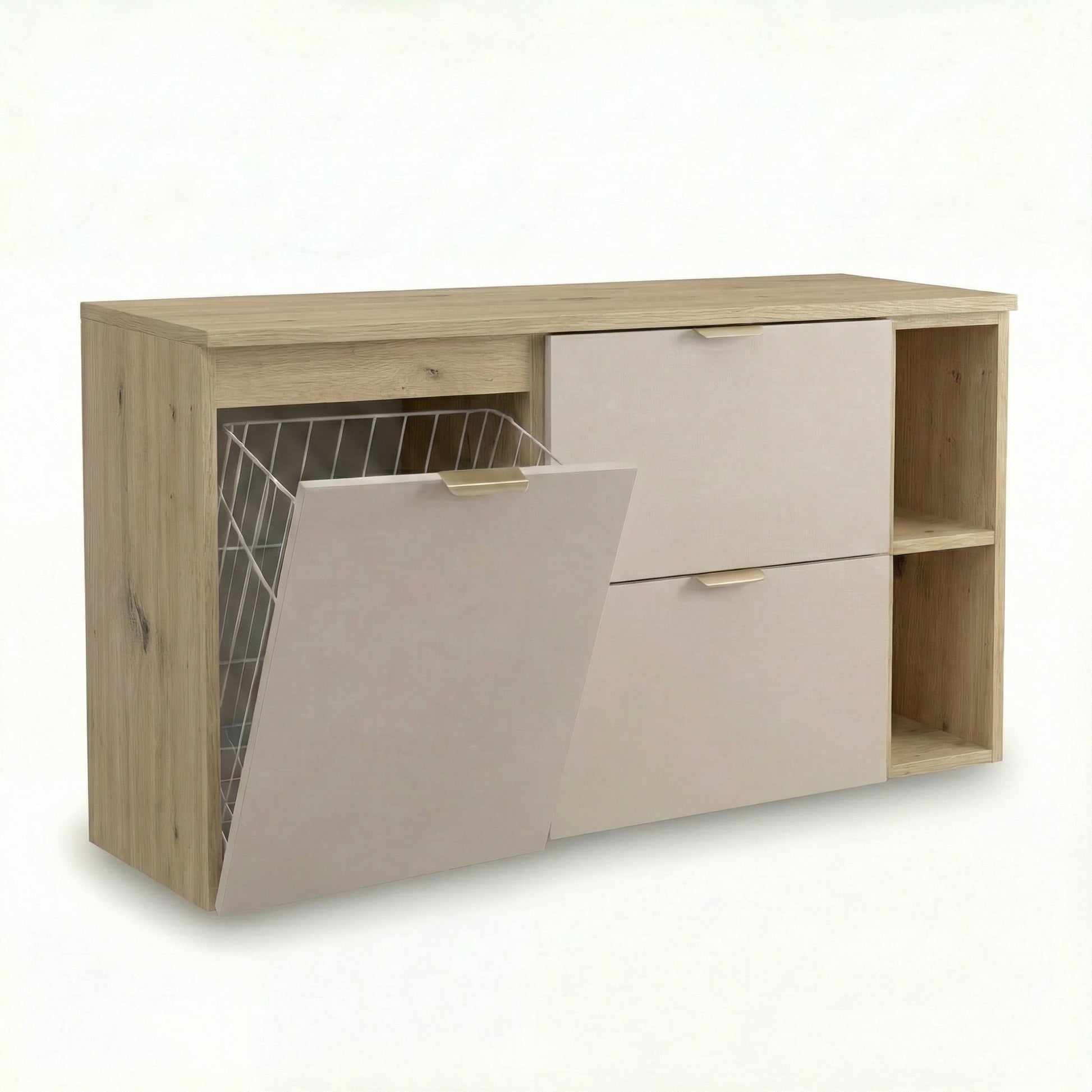 Badmöbel-Set Orio mit Kaschmir-Fronten und Eiche Artisan-Korpus, wandhängend, bestehend aus 40-cm-Wäschekorb, 20-cm-Regal und 60-cm-Unterschrank mit zwei Schubladen, modernes zweifarbiges Design für Badezimmer.