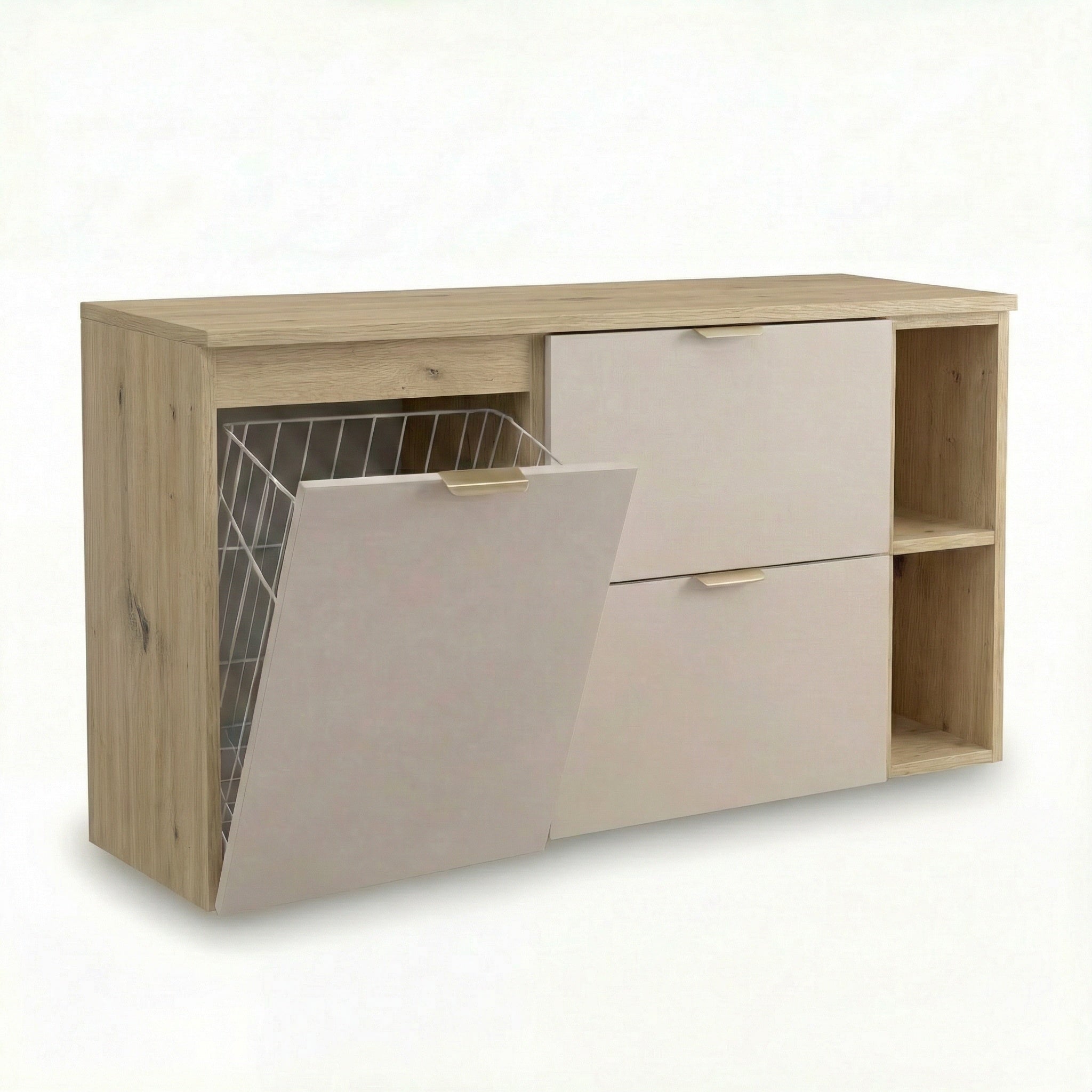 Badmöbel-Set Orio mit Kaschmir-Fronten und Eiche Artisan-Korpus, wandhängend, bestehend aus 40-cm-Wäschekorb, 20-cm-Regal und 60-cm-Unterschrank mit zwei Schubladen, modernes zweifarbiges Design für Badezimmer.