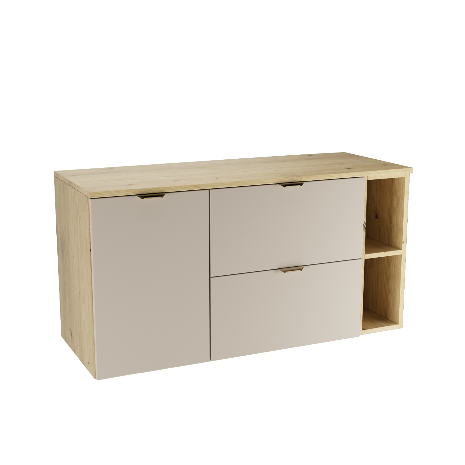 Wandhängendes Orio Badmöbel-Set mit Korpus/Regal in Eiche Artisan, Fronten in Kaschmir: 40-cm-Wäschekorb, 20-cm-Regal (Innenablage) und 60-cm-Schrank mit 2 Schubladen.