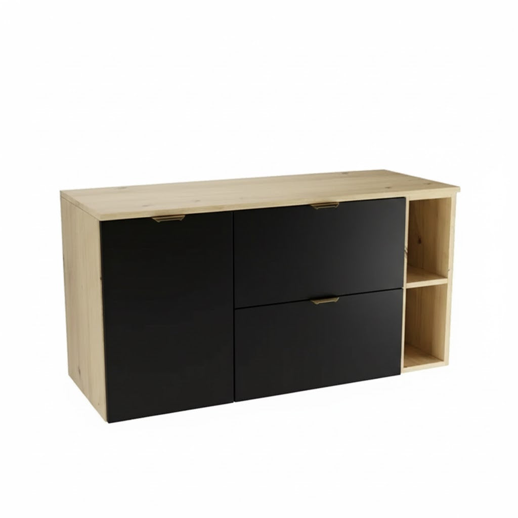 Waschtischunterschrank Orio 120 cm mit Wäschekorb, Regal und Arbeitsplatte in Schwarz und Eiche Artisan, modernes Badezimmermöbel.
