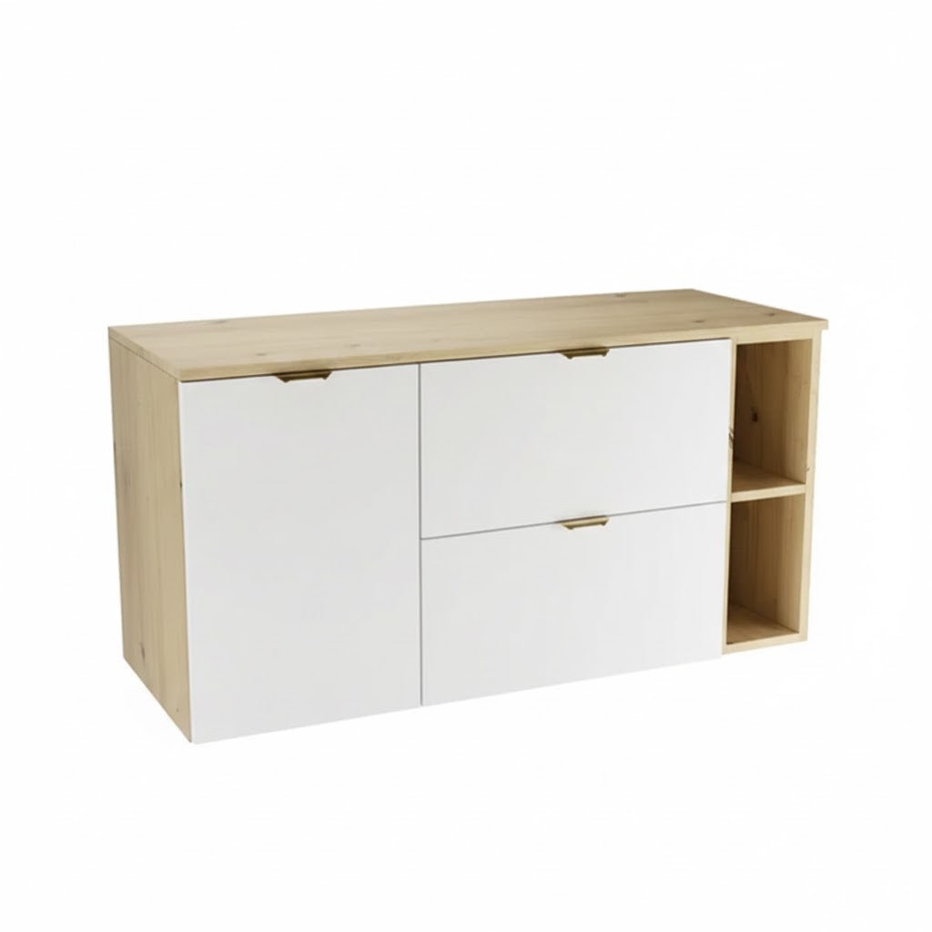 Waschtischunterschrank Orio 120 cm mit Wäschekorb, Regal und Arbeitsplatte in Weiß und Eiche Artisan, modernes Badezimmermöbel.