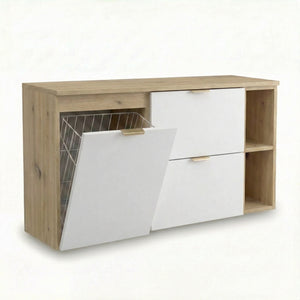 Waschtischunterschrank Orio 120 cm in Weiß/Eiche Artisan – wandhängendes Badmöbel-Set mit 60 cm Unterschrank, 40 cm Wäschekorbmodul, 20 cm Regalmodul, Arbeitsplatte in Eiche Artisan, 2 Schubladen mit Soft-Close, modernes, funktionales Design für helles, stilvolles Badezimmer.