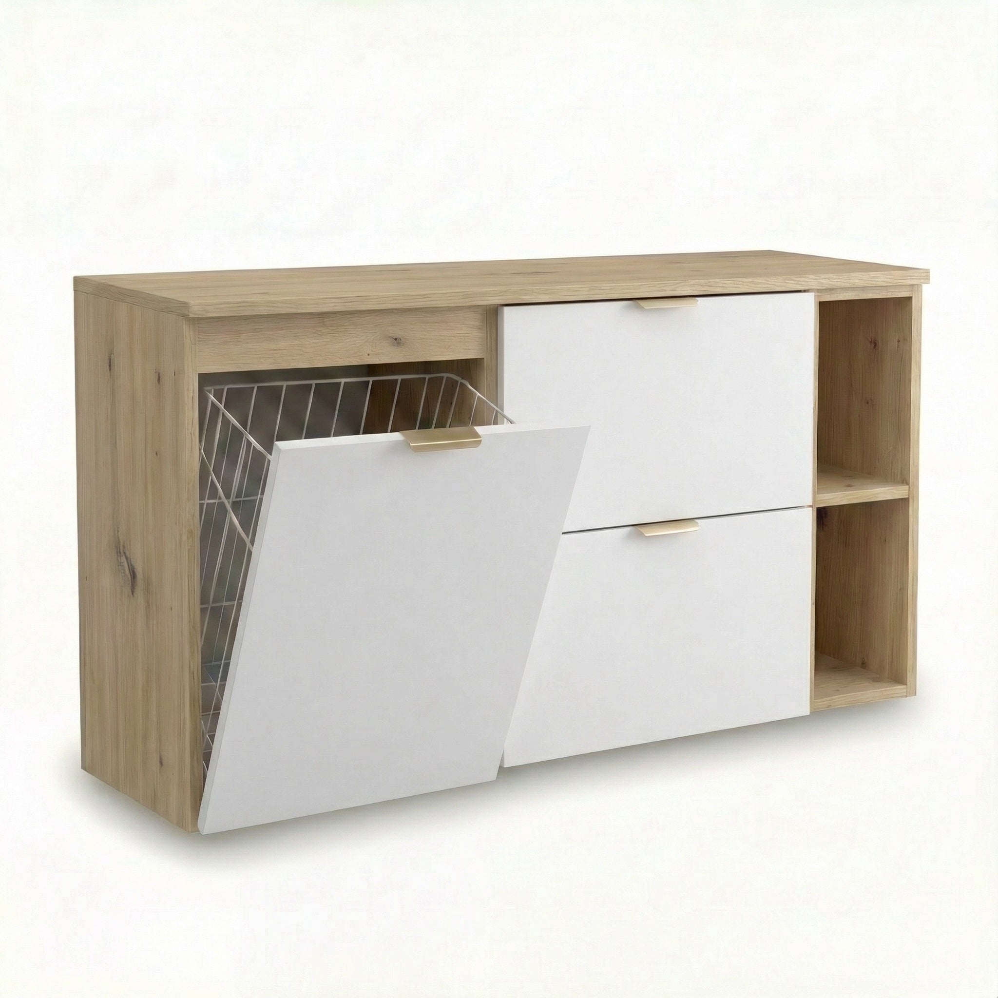Waschtischunterschrank Orio 120 cm in Weiß/Eiche Artisan – wandhängendes Badmöbel-Set mit 60 cm Unterschrank, 40 cm Wäschekorbmodul, 20 cm Regalmodul, Arbeitsplatte in Eiche Artisan, 2 Schubladen mit Soft-Close, modernes, funktionales Design für helles, stilvolles Badezimmer.