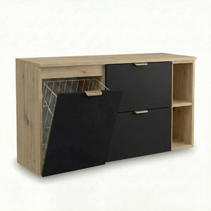 Waschtischunterschrank Orio 120 cm in Schwarz/Eiche Artisan – wandhängendes Badmöbel-Set mit 60 cm Unterschrank, 40 cm Wäschekorbmodul, 20 cm Regalmodul, Arbeitsplatte in Eiche Artisan, 2 Schubladen mit Soft-Close, modernes, funktionales Design für optimale Badorganisation.