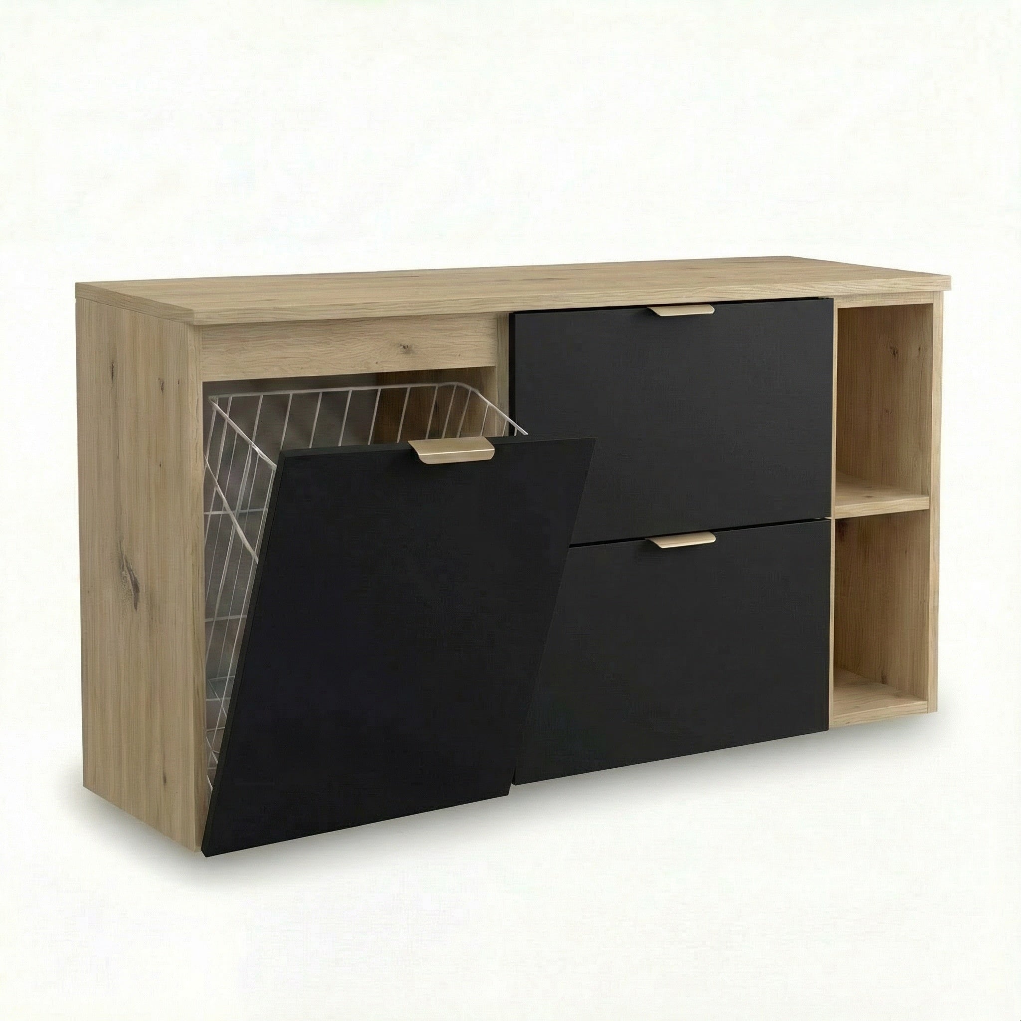 Waschtischunterschrank Orio 120 cm in Schwarz/Eiche Artisan – wandhängendes Badmöbel-Set mit 60 cm Unterschrank, 40 cm Wäschekorbmodul, 20 cm Regalmodul, Arbeitsplatte in Eiche Artisan, 2 Schubladen mit Soft-Close, modernes, funktionales Design für optimale Badorganisation.
