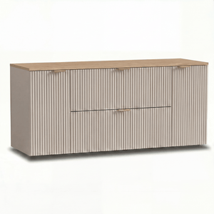 Waschtischunterschrank Willy 140 cm in Kaschmir mit Walnussplatte, mit zwei Schubladen und zwei Türen, im modernen und eleganten Design.