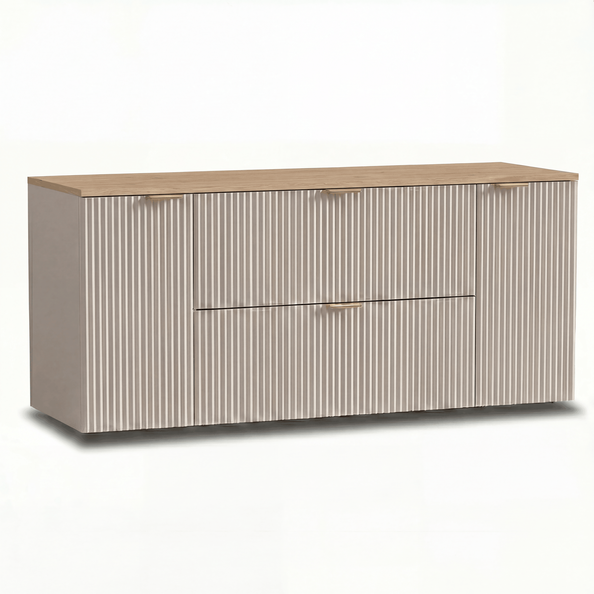 Waschtischunterschrank Willy 140 cm in Kaschmir mit Walnussplatte, mit zwei Schubladen und zwei Türen, im modernen und eleganten Design.