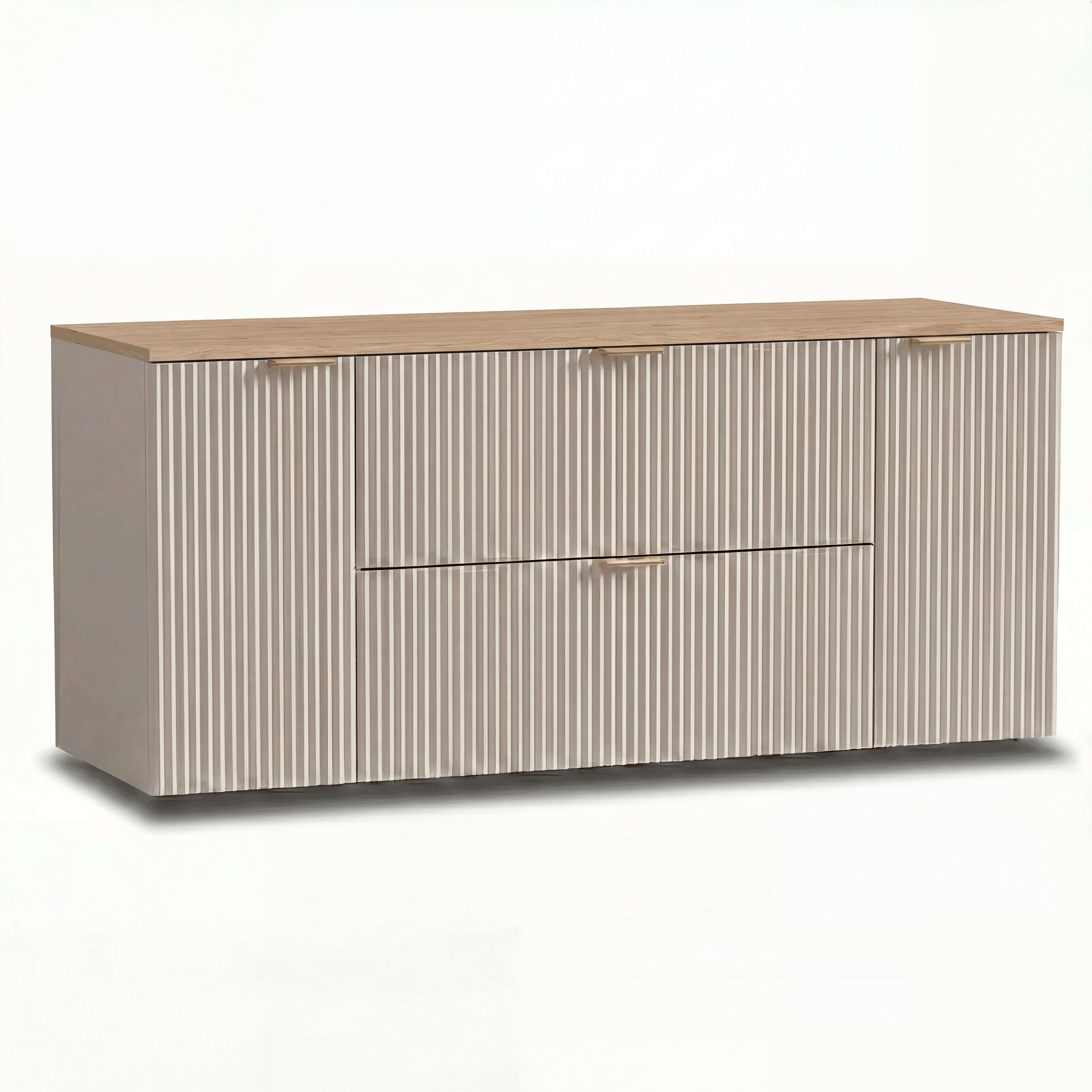 Waschtischunterschrank Willy 140 cm in Kaschmir mit Walnussplatte, mit zwei Schubladen und zwei Türen, im modernen und eleganten Design.