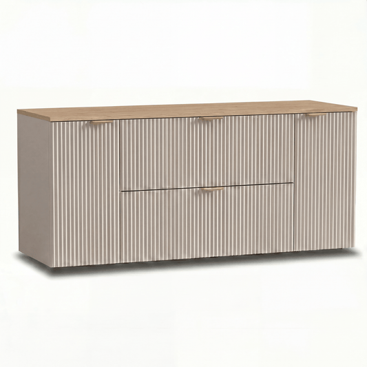 Waschtischunterschrank Willy 140 cm in Kaschmir mit Walnussplatte, mit zwei Schubladen und zwei Türen, im modernen und eleganten Design.