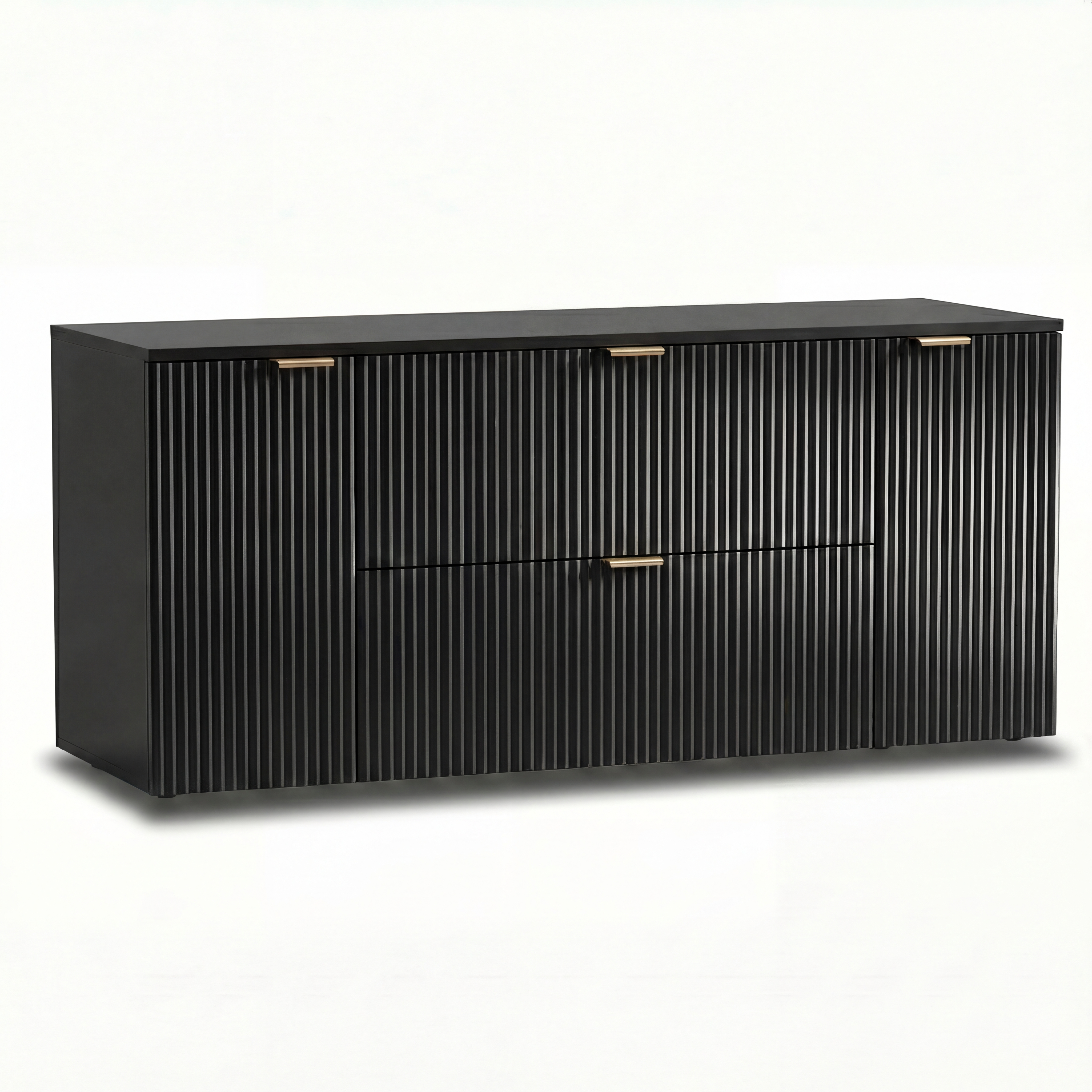 Waschtischunterschrank Willy 140 cm Schwarz mit 2 Schubladen und 2 Türen, geriffelte Fronten, moderner und zeitloser Badunterschrank mit viel Stauraum.