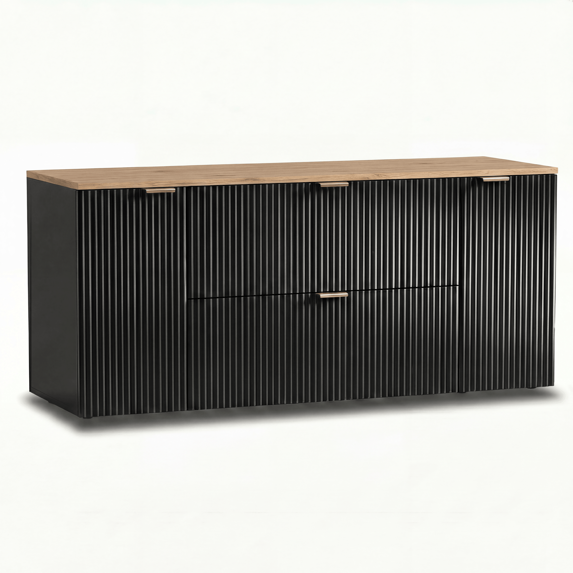 Waschtischunterschrank Willy 140 cm Schwarz mit Walnussplatte, geriffelte Fronten, goldene Metallgriffe, Badunterschrank mit 2 Schubladen und 2 Türen, modernes Design.