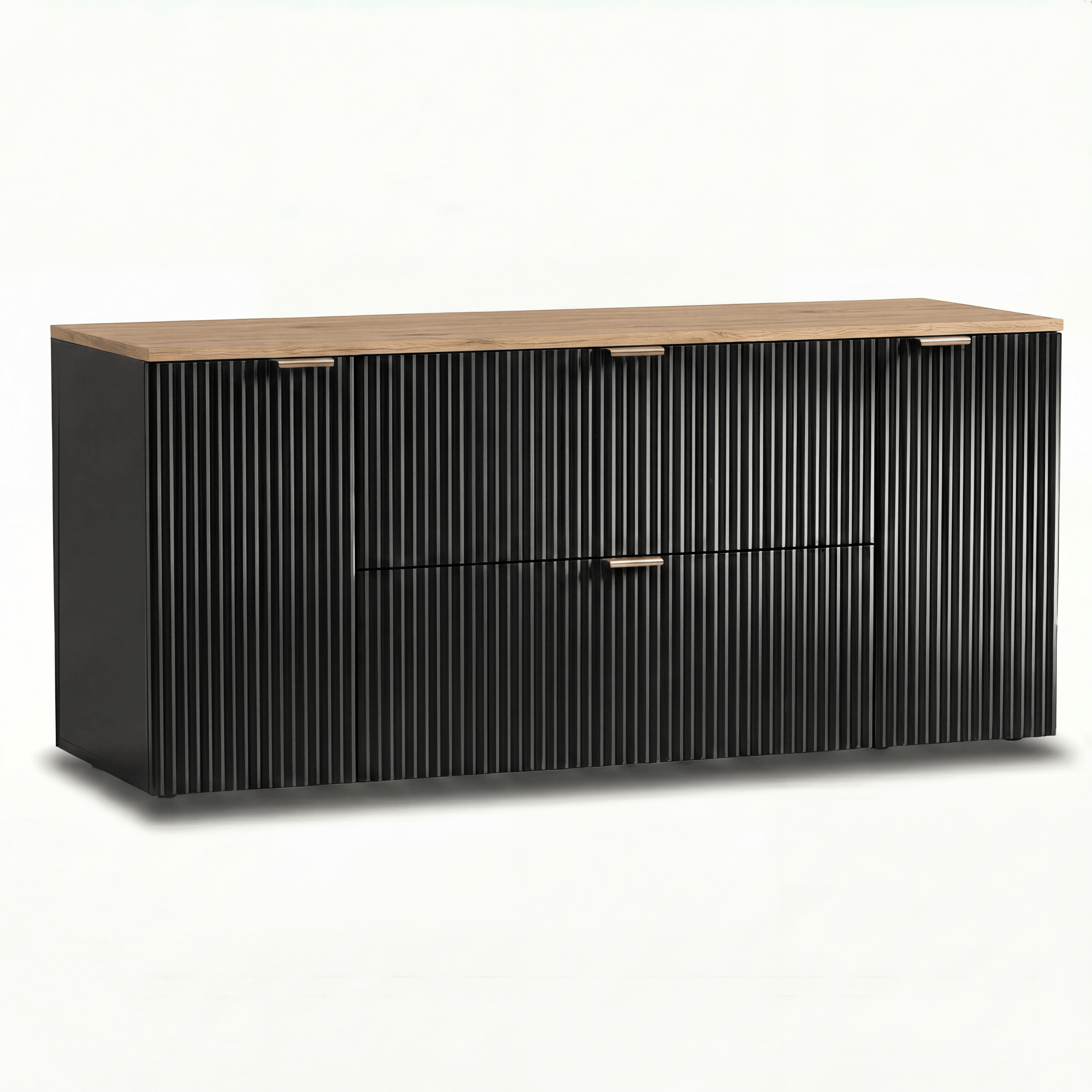 Waschtischunterschrank Willy 140 cm Schwarz mit Walnussplatte, geriffelte Fronten, goldene Metallgriffe, Badunterschrank mit 2 Schubladen und 2 Türen, modernes Design.