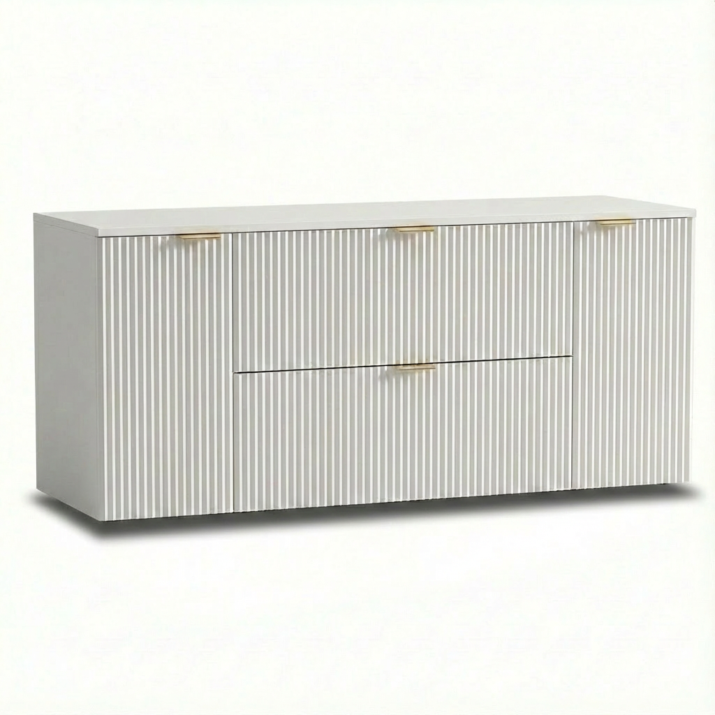 Waschtischunterschrank 140 cm Willy – Weiß mit 2 Türen und 2 Schubladen, geriffelte Fronten und goldene Metallgriffe für funktionalen Stauraum im Badezimmer.
