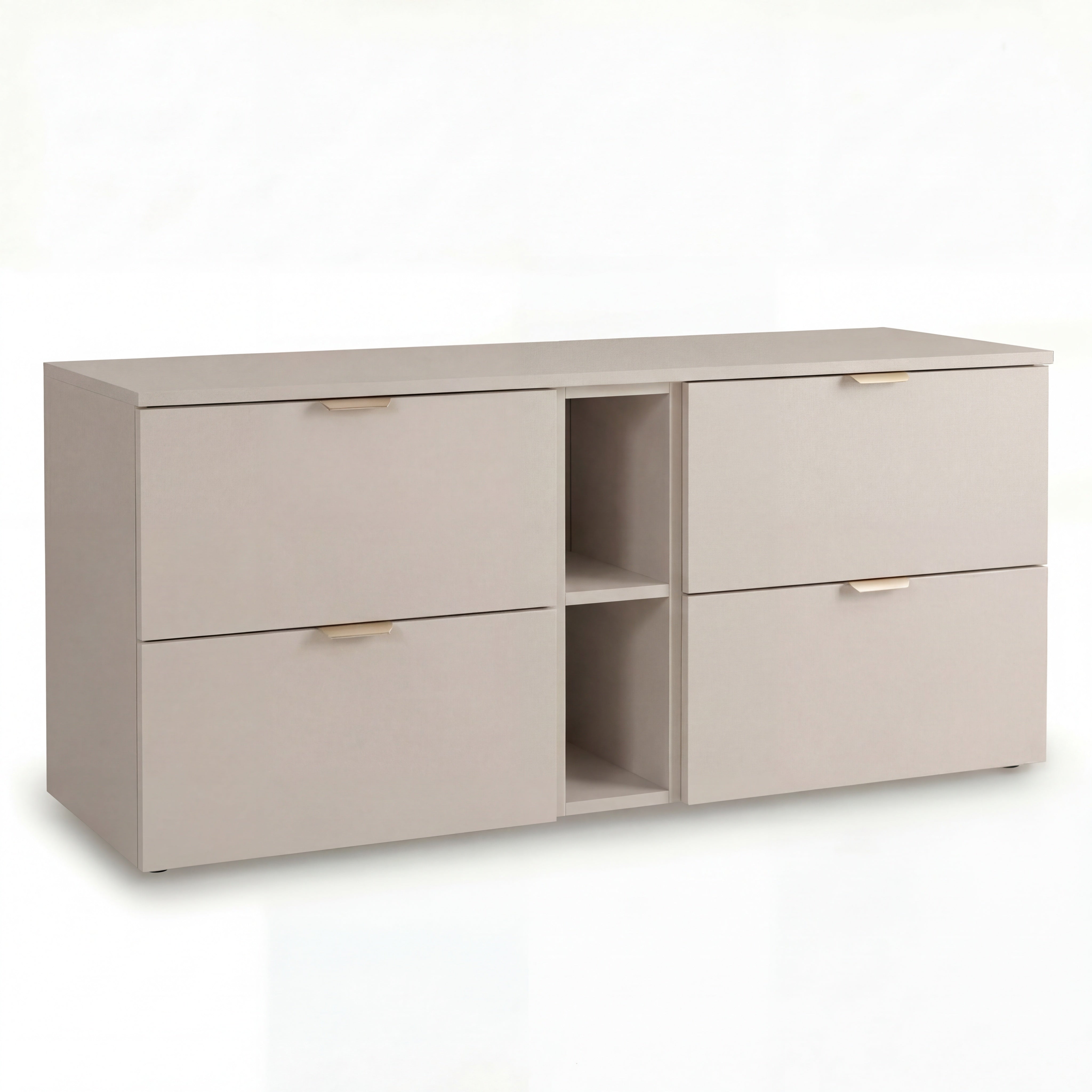 Wandhängendes Waschbeckenunterschrank-Set Orio 140 cm in Kaschmir mit zwei Unterschränken, zwei Schubladen pro Schrank und 20-cm-Regal, modernes Design aus 18-mm laminierter Spanplatte, ideal für Badezimmer