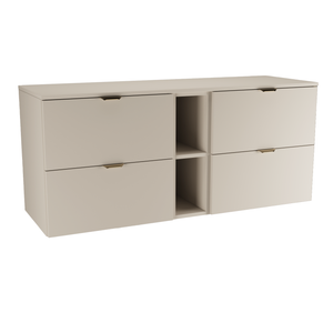 Wandhängendes Orio Badmöbel-Set 140 cm im Dekor Kaschmir mit zwei 60-cm-Waschbeckenunterschränken (je 2 Schubladen) und 20-cm-Regal mit Innenablage.