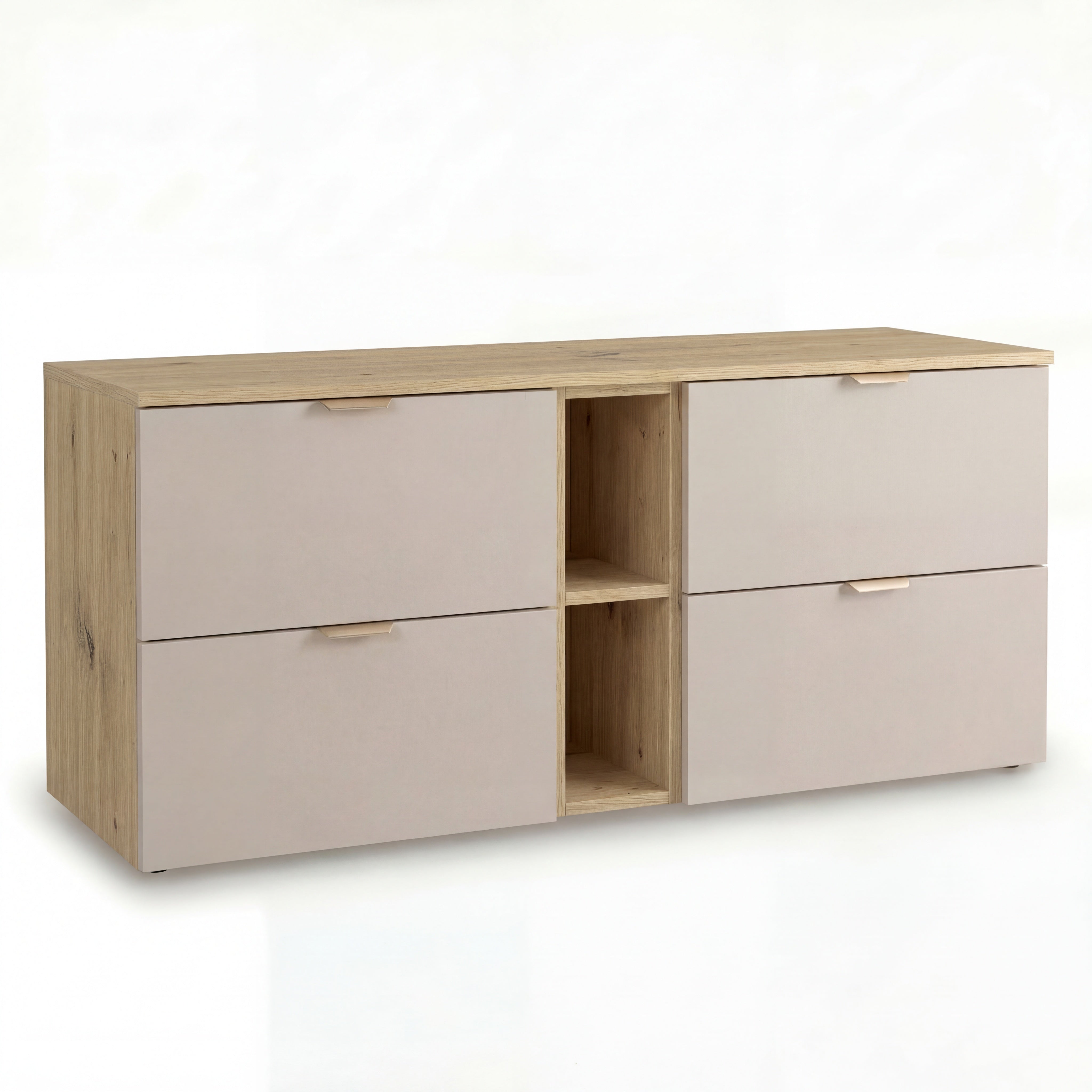 Wandhängender Waschtischunterschrank Orio (140 cm) in Kaschmir-Fronten und Eiche Artisan-Seiten, zwei Unterschränke mit jeweils zwei Schubladen, zusätzlicher 20-cm-Regalschrank, goldfarbene Metallgriffe, modernes Premium-Design für Badezimmer.