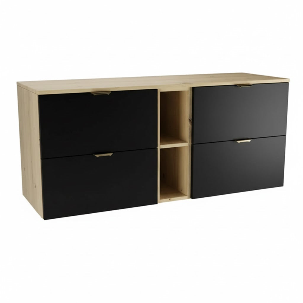 Waschtischunterschrank Orio 140 cm mit Regal, vier Schubladen, schwarzen Fronten und Korpus in Eiche Artisan, modernes Badezimmermöbel.