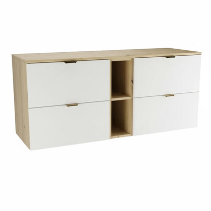 Waschtischunterschrank Orio 140 cm mit Regal, vier Schubladen, weißen Fronten und Korpus in Eiche Artisan, modernes Badezimmermöbel.