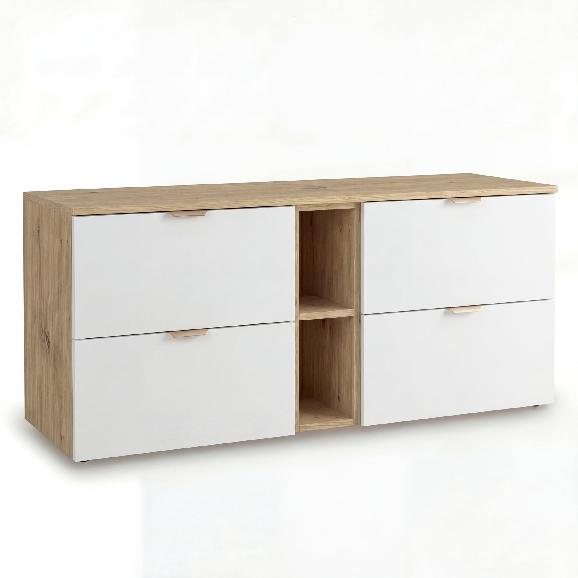 Waschtischunterschrank Orio 140 cm in Weiß/Eiche Artisan – wandhängendes Badmöbel mit 2×60 cm Unterschränken, 4 Schubladen mit Soft-Close, 20 cm Regalmodul, Arbeitsplatte in Eiche Artisan, gebürstete Goldgriffe, modernes, elegantes Design und großzügiger Stauraum für mittelgroße bis große Badezimmer.