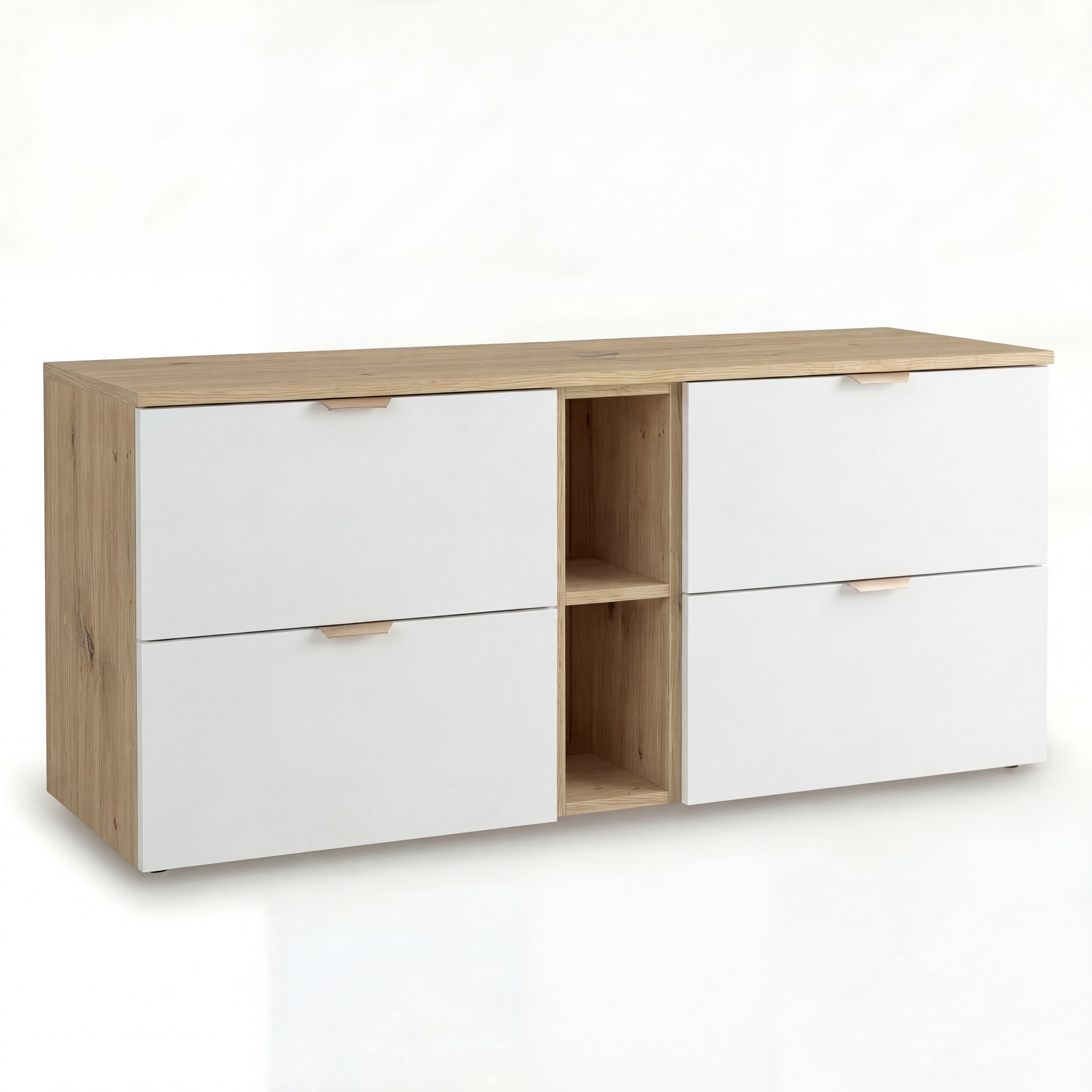 Waschtischunterschrank Orio 140 cm in Weiß/Eiche Artisan – wandhängendes Badmöbel mit 2×60 cm Unterschränken, 4 Schubladen mit Soft-Close, 20 cm Regalmodul, Arbeitsplatte in Eiche Artisan, gebürstete Goldgriffe, modernes, elegantes Design und großzügiger Stauraum für mittelgroße bis große Badezimmer.