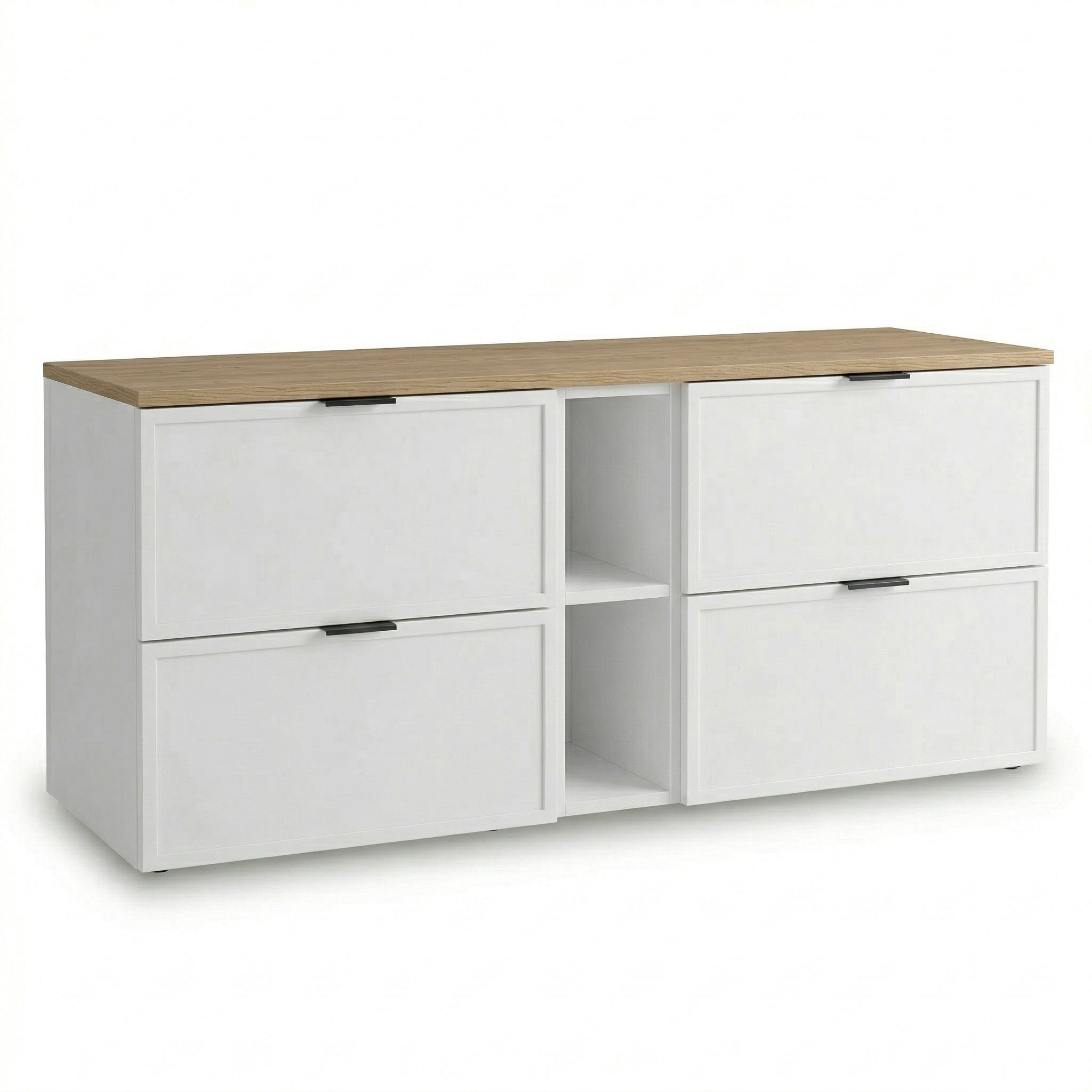 Waschtischunterschrank 140 cm weiß mit Regal und Arbeitsplatte Eiche Cremona Roma Badezimmer Unterschrank MDF Soft Close modern