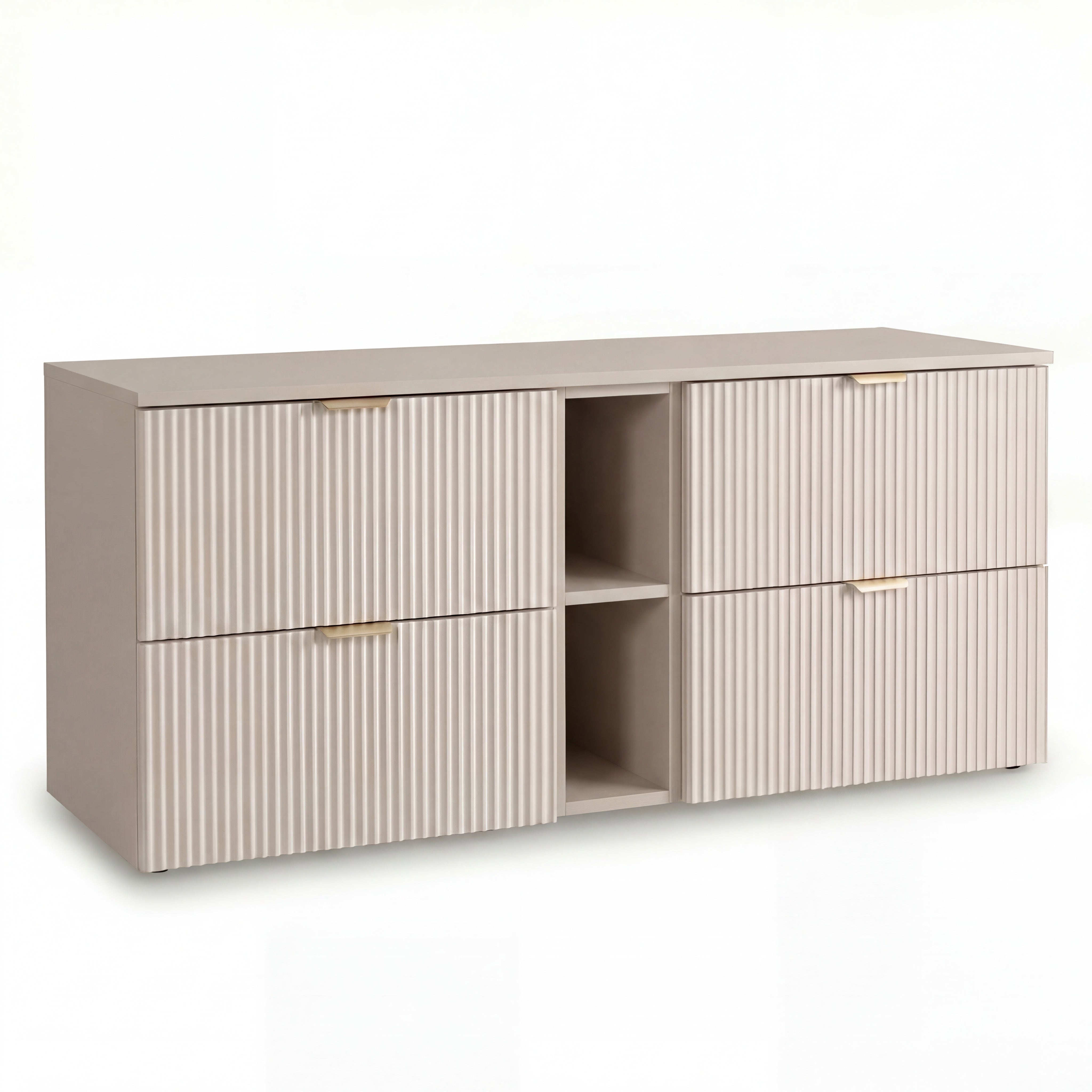Waschtischunterschrank 140 cm Willy – Kaschmir mit geriffelten Fronten, 4 Soft-Close-Schubladen, Regal und metallischen Griffen, elegantes und funktionales Badezimmermöbel.