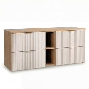 Waschtischunterschrank 140 cm Willy – Kaschmir/Walnuss mit Regal, geriffelten Fronten und Soft-Close-Schubladen für stilvollen Stauraum im Badezimmer.