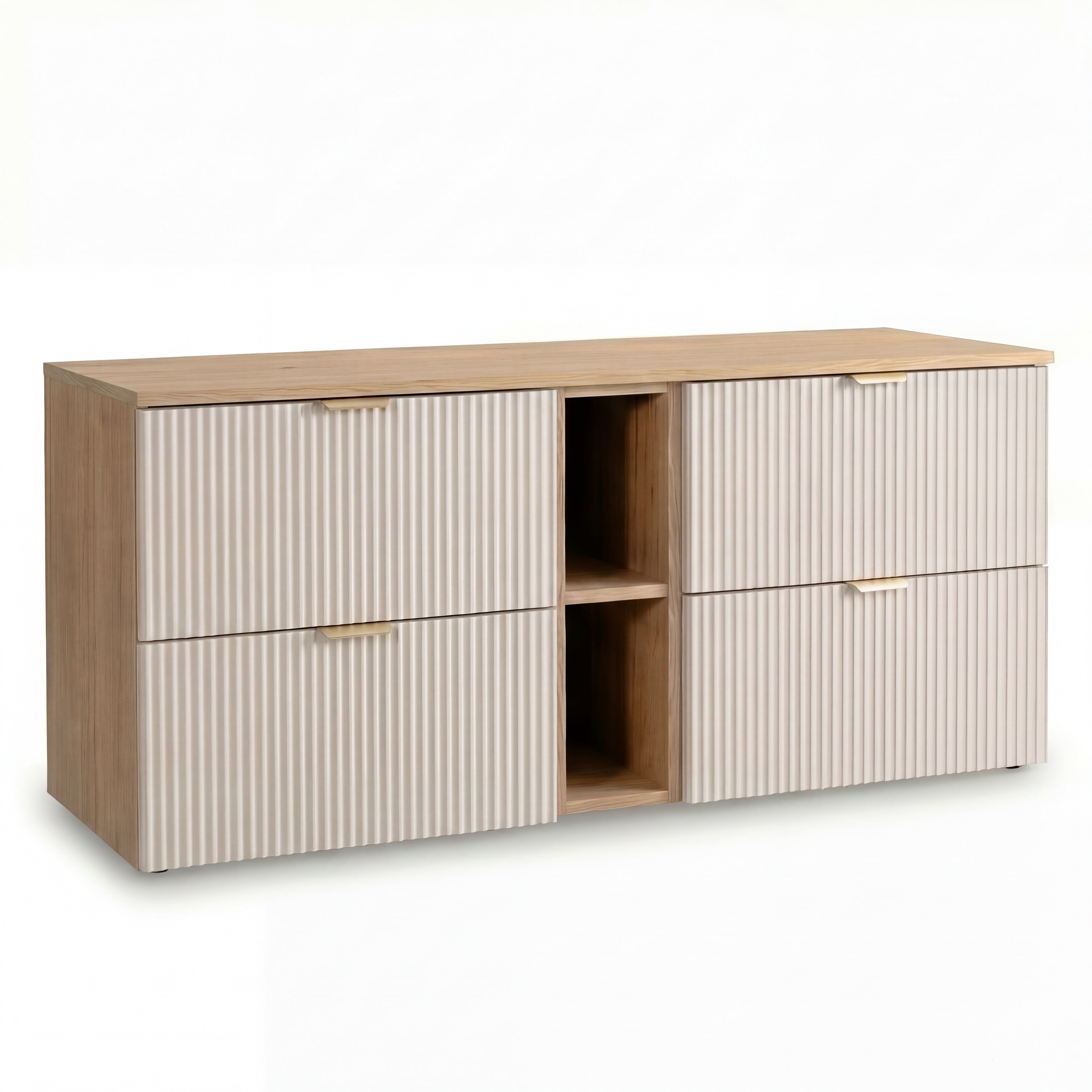 Waschtischunterschrank 140 cm Willy – Kaschmir/Walnuss mit Regal, geriffelten Fronten und Soft-Close-Schubladen für stilvollen Stauraum im Badezimmer.