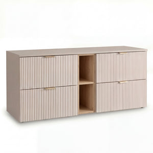Waschtischunterschrank 140 cm Willy Kaschmir/Walnuss mit Regal, 4 SOFT-CLOSE-Schubladen und Syphonausschnitt, modernes Badezimmermöbel mit geriffelten Fronten und viel Stauraum