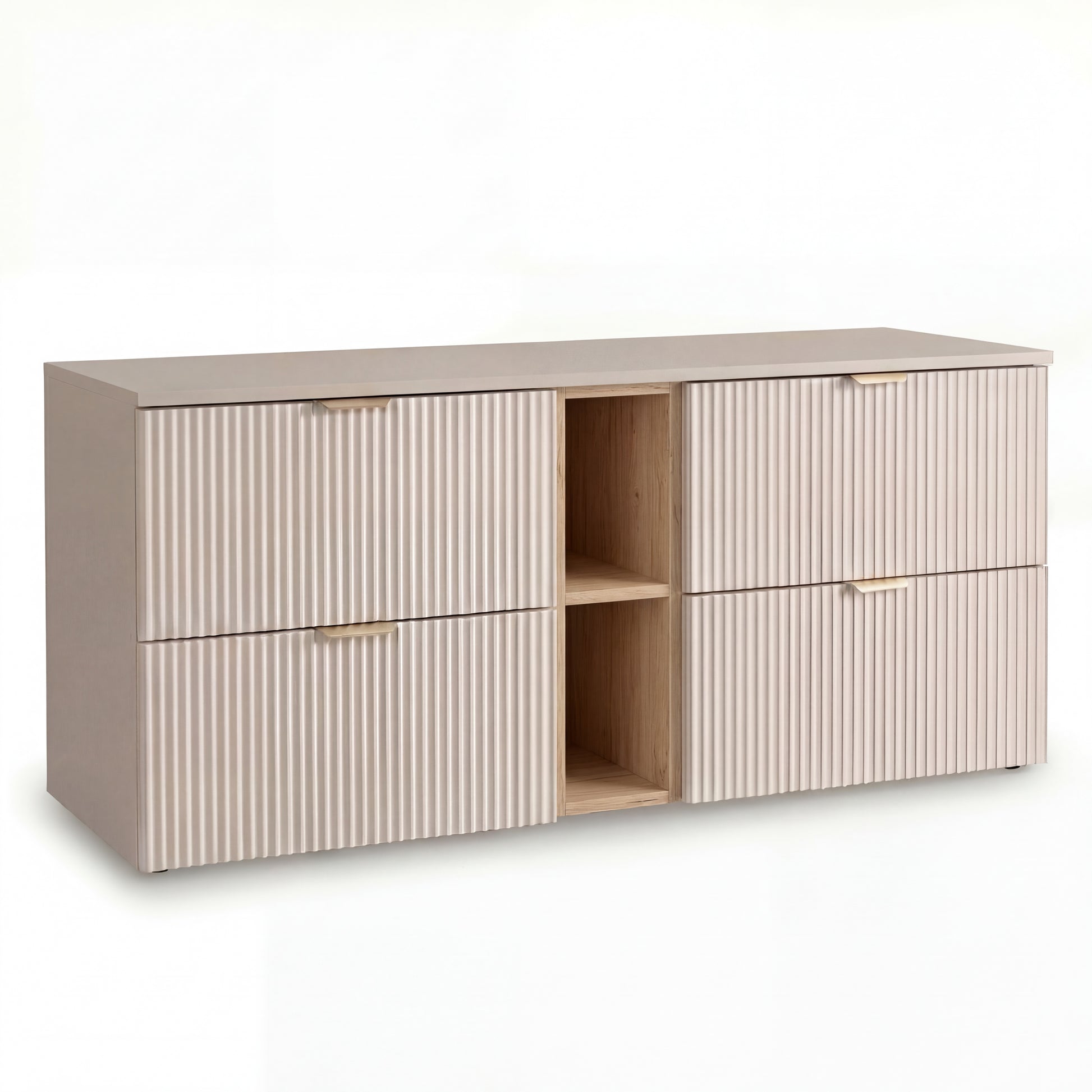 Waschtischunterschrank 140 cm Willy Kaschmir/Walnuss mit Regal, 4 SOFT-CLOSE-Schubladen und Syphonausschnitt, modernes Badezimmermöbel mit geriffelten Fronten und viel Stauraum