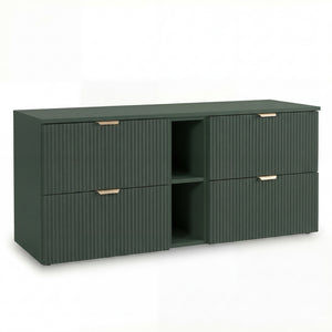 Waschtischunterschrank 140 cm Willy - Salbei mit Regal, geriffelten Fronten und vier Soft-Close-Schubladen für stilvollen Stauraum im Badezimmer.