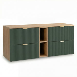 Waschtischunterschrank 140 cm Willy in Salbei/Walnuss mit 2 Schränken, 20 cm Regal und Walnuss-Oberplatte – eleganter und funktionaler Stauraum für modernes Badezimmer.