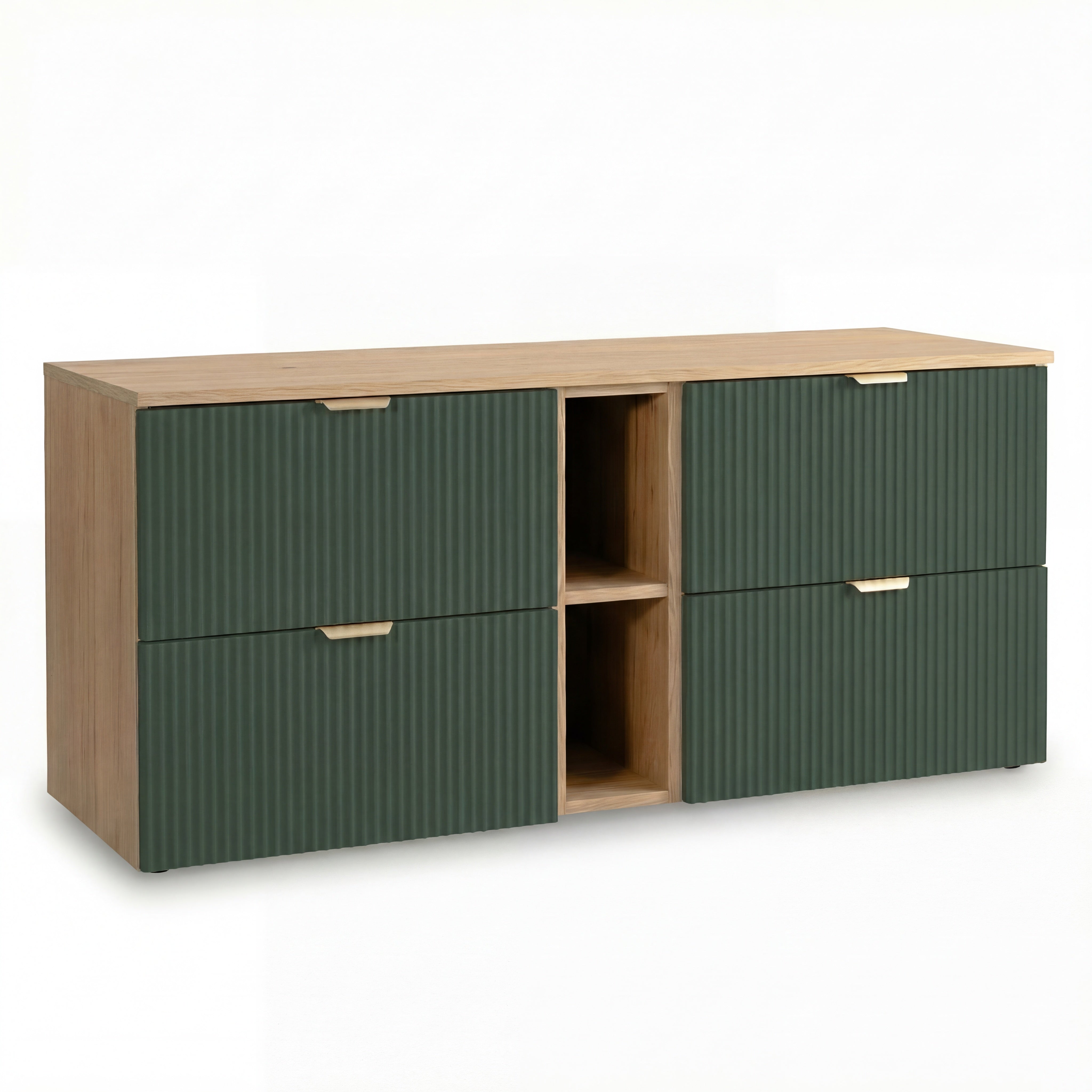 Waschtischunterschrank 140 cm Willy in Salbei/Walnuss mit 2 Schränken, 20 cm Regal und Walnuss-Oberplatte – eleganter und funktionaler Stauraum für modernes Badezimmer.
