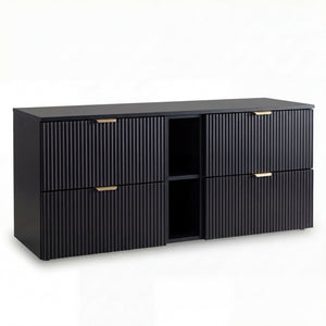 Waschtischunterschrank 140 cm Willy - Schwarz mit geriffelten Fronten, 4 Soft-Close-Schubladen und praktischem Regal für stilvolle Aufbewahrung im Badezimmer.