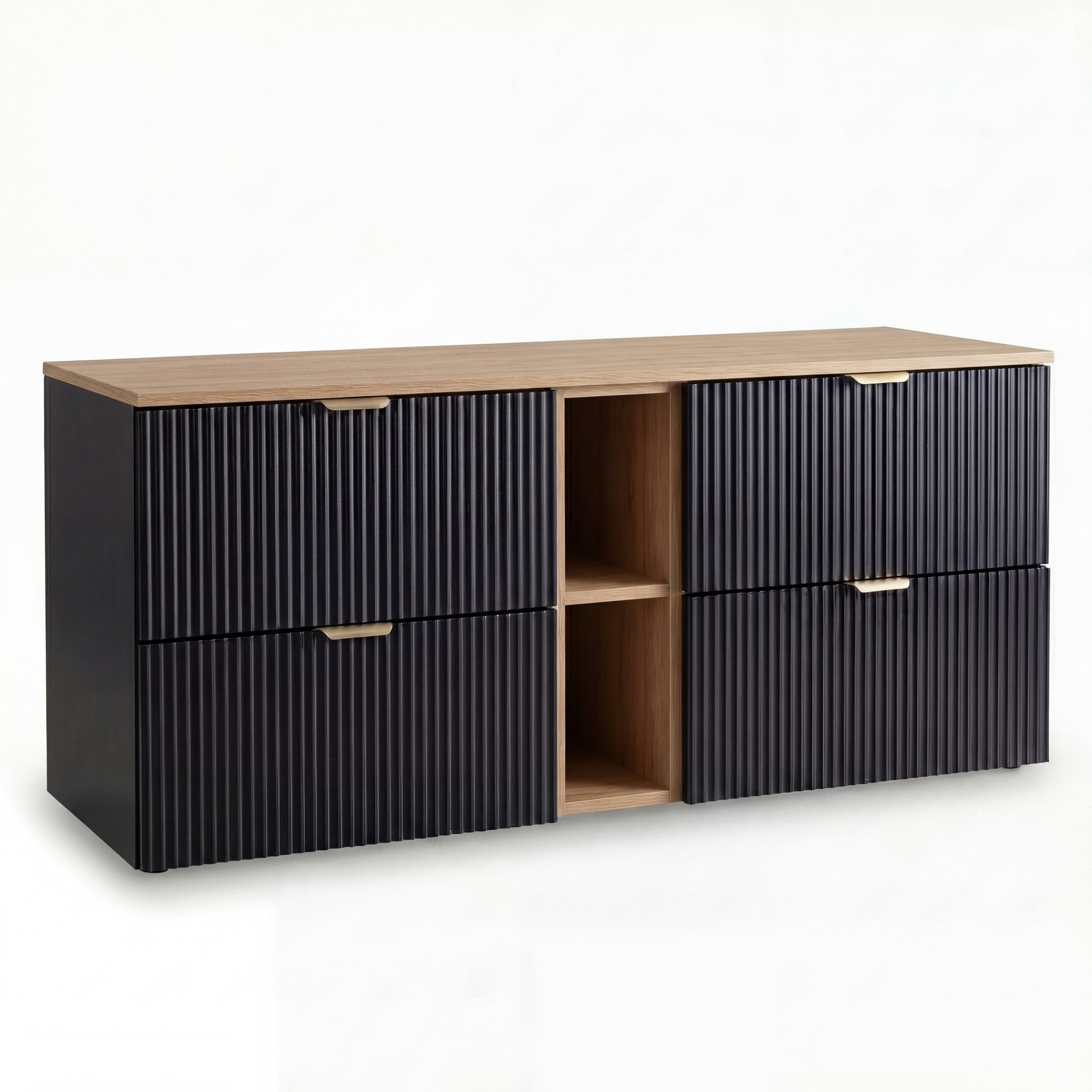 Waschtischunterschrank 140 cm Willy Schwarz/Walnussplatte mit Regal und Oberplatte – moderner Bad-Unterschrank mit ryflowanen Fronten und 4 SOFT-CLOSE-Schubladen.