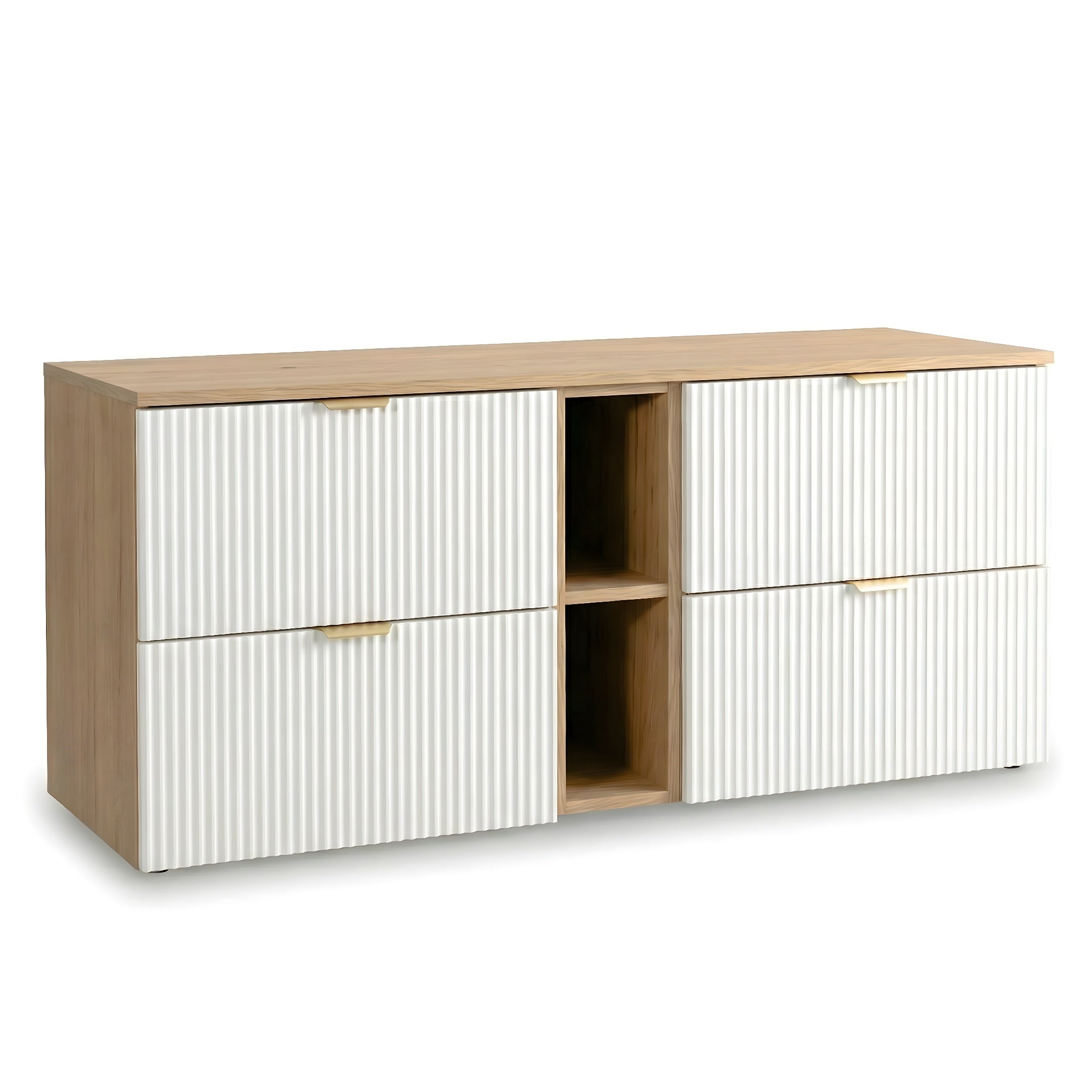 Eleganter Waschtischunterschrank 140 cm Willy in Weiß/Walnuss mit Regal, vier Soft-Close-Schubladen und geriffelten Fronten – modernes Badezimmermöbel mit viel Stauraum.