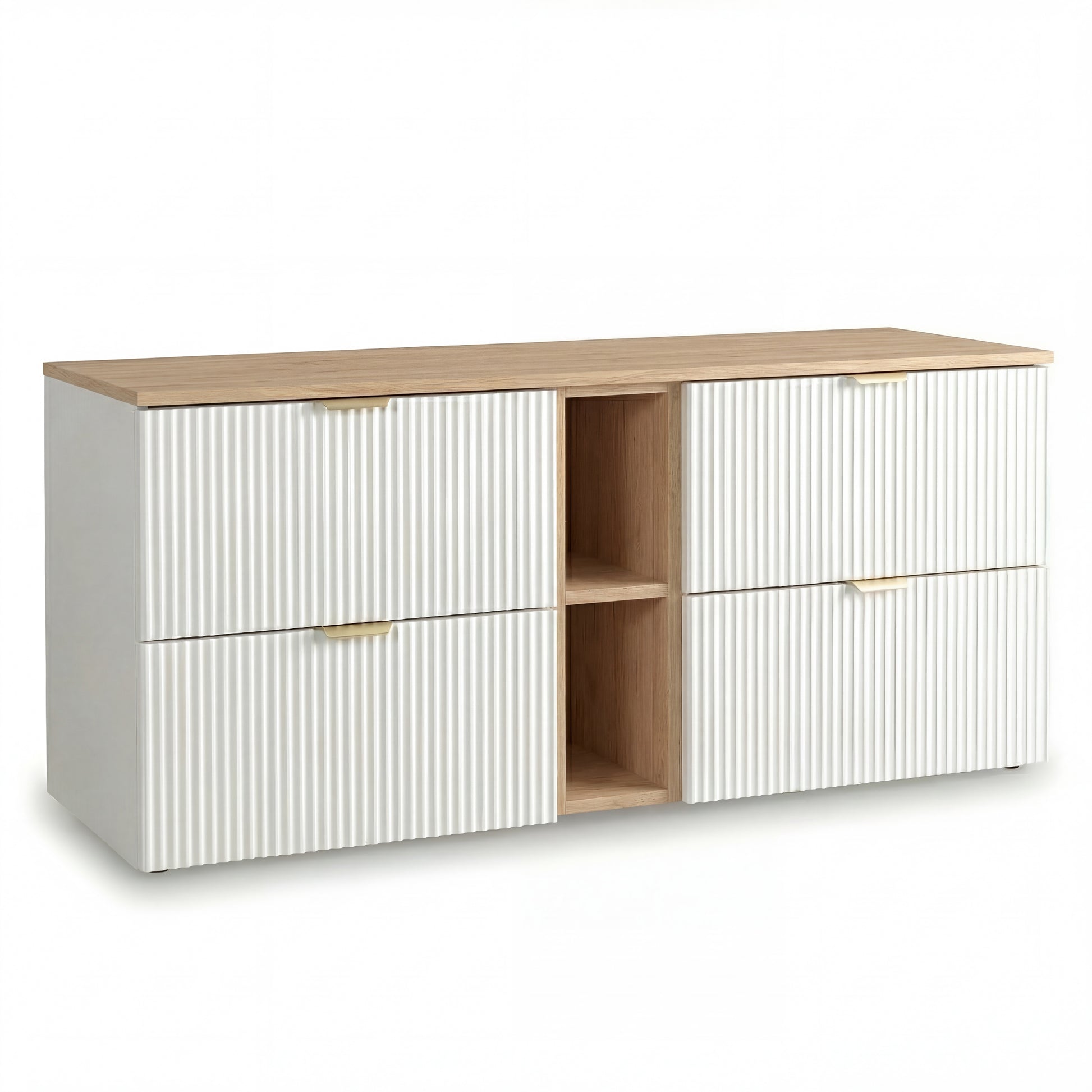 Waschtischunterschrank 140 cm Willy Weiß mit Walnussplatte und seitlichem Walnuss-Regal, 4 SOFT-CLOSE-Schubladen mit Syphonausschnitt und geriffelten Fronten für modernes Badezimmer