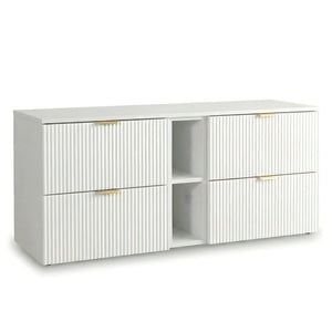 Waschtischunterschrank 140 cm Willy – Weiß mit geriffelten Fronten, 4 Soft-Close-Schubladen und praktischem Regal – modernes Design und viel Stauraum für Ihr Badezimmer.
