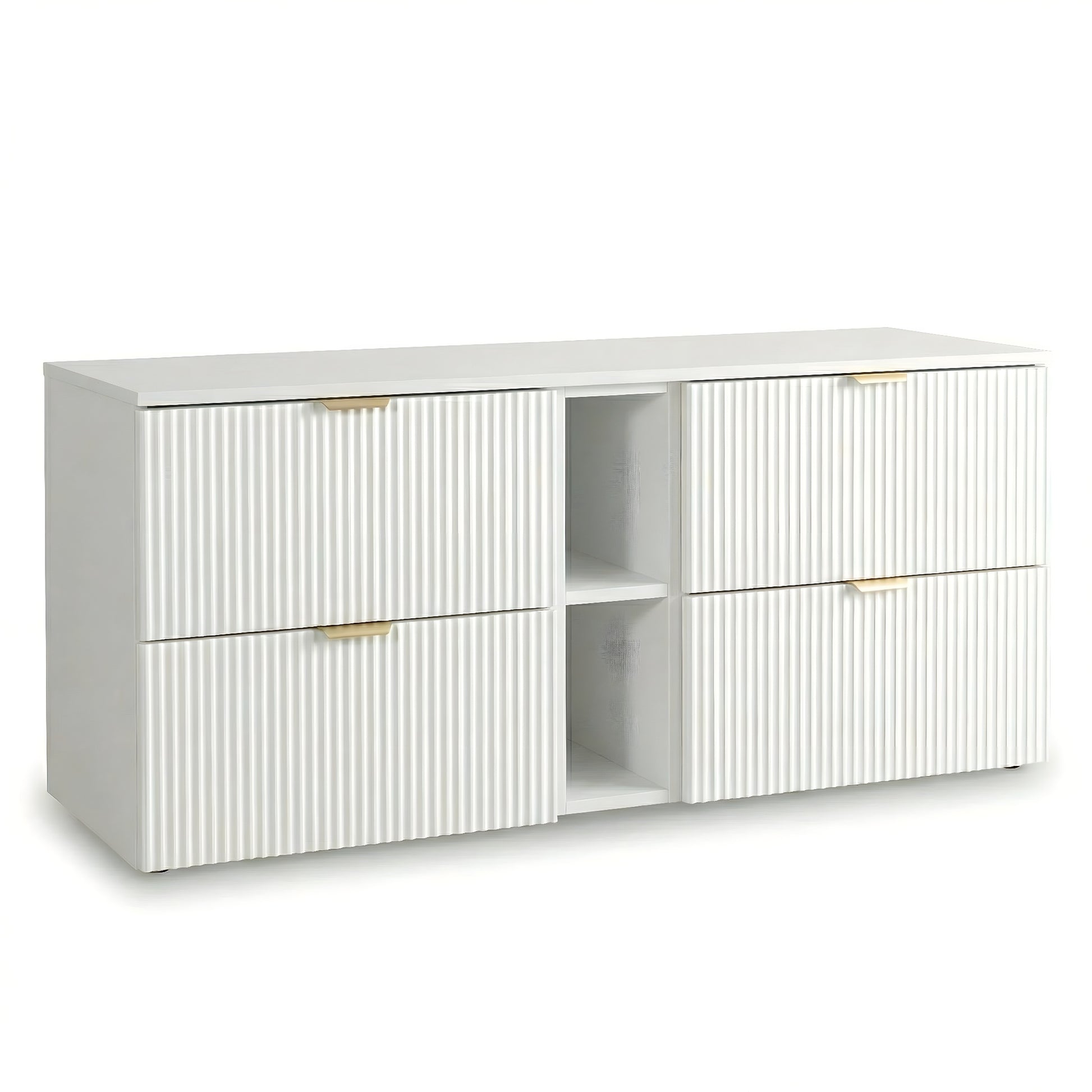 Waschtischunterschrank 140 cm Willy – Weiß mit geriffelten Fronten, 4 Soft-Close-Schubladen und praktischem Regal – modernes Design und viel Stauraum für Ihr Badezimmer.