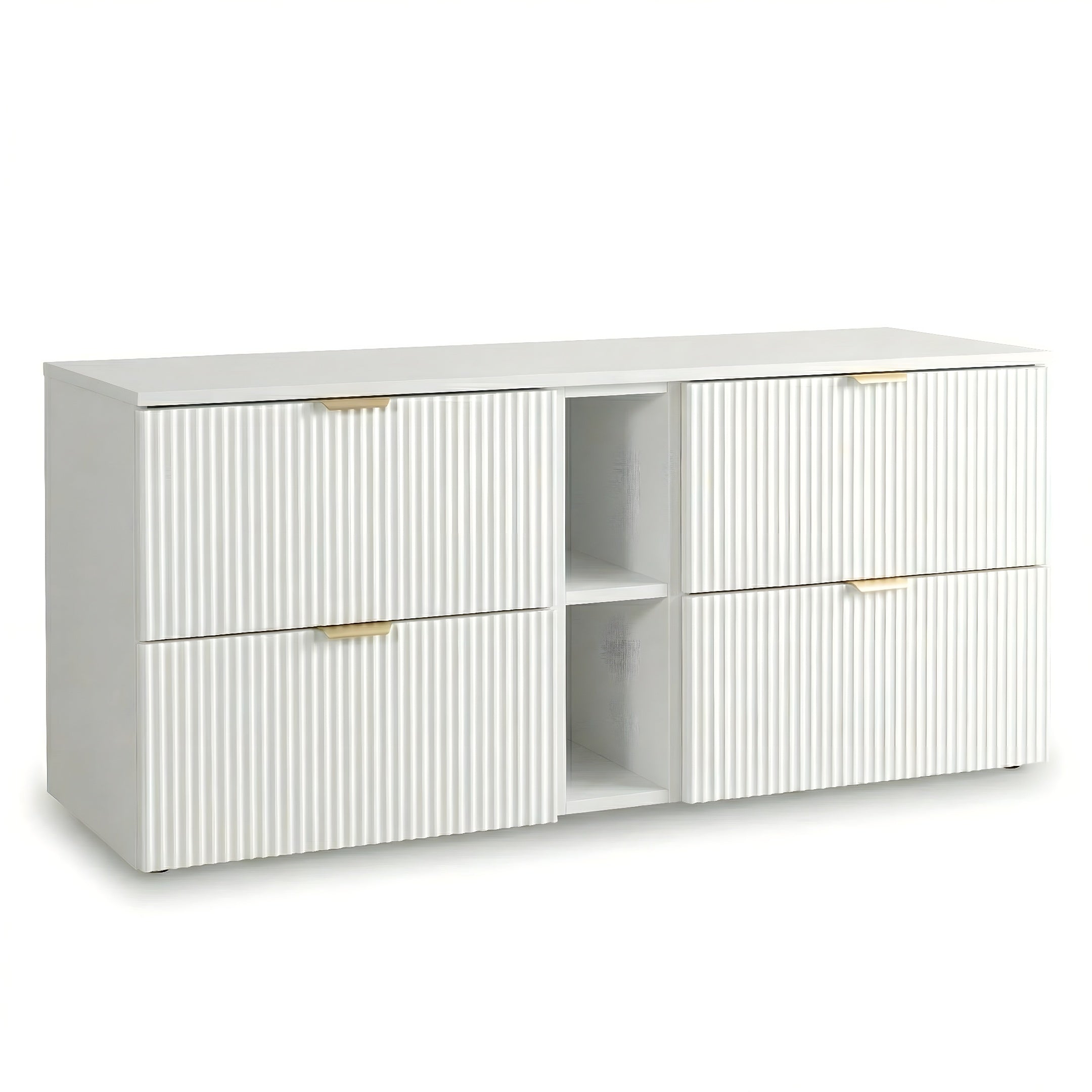 Waschtischunterschrank 140 cm Willy – Weiß mit geriffelten Fronten, 4 Soft-Close-Schubladen und praktischem Regal – modernes Design und viel Stauraum für Ihr Badezimmer.