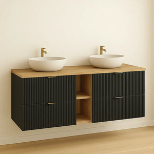 Eleganter Waschtischunterschrank Willy, 140 cm, in Schwarz/Walnuss, ideal für jedes Badezimmer.